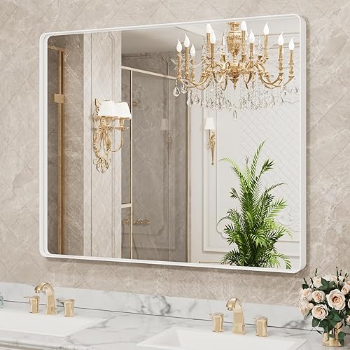 Miniatura 227 de LOAAO - Espejo de tocador para baño con marco de metal negro mate de 24 x 32 pulgadas para pared, rústico, rectangular, grande, redondeado