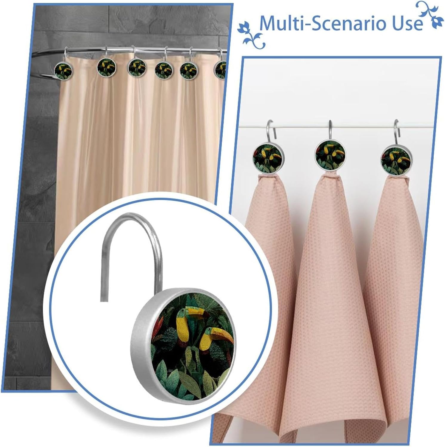 12PCS Birds Tropical Toucans (2) Shower Curtain Hooks Rings for Bathroom, Decorative Shower Curtain Hooks Rods Curtains and Liner