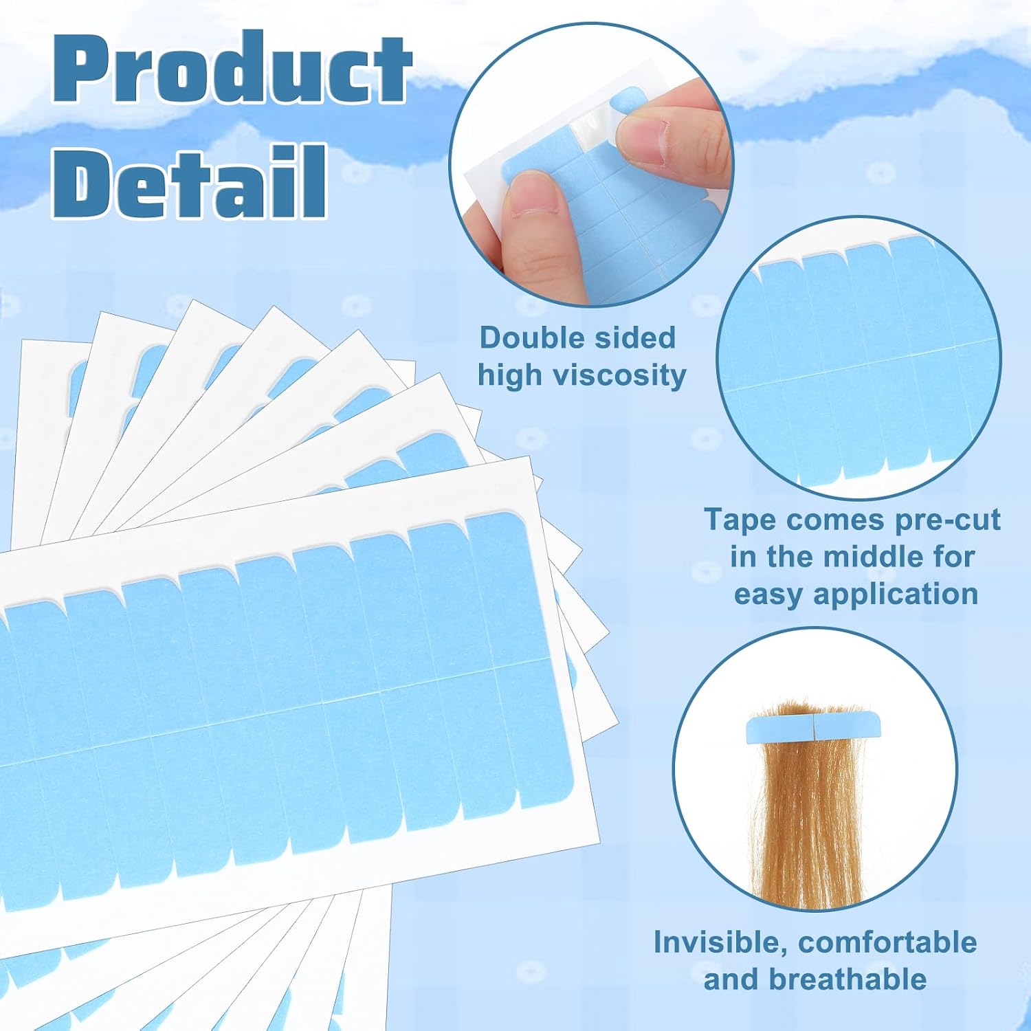 Grevosea 240 Pcs Hair Extension Tapes, Double Sided Adhesive Tape for Hair Extensions Human Hair Tape in Extensions Wig Beauty Tools for Replacement (Blue)
