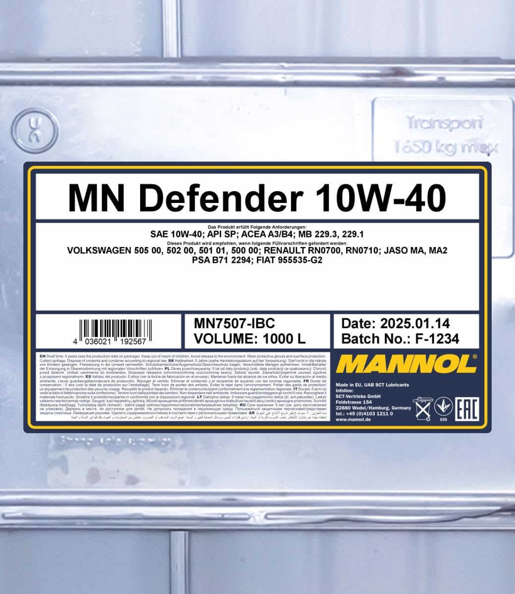 MANNOL Aceite de motor 10W-40 Defender ACEA A3/B4 API SN 1000L Compatible con VW Polo V Hatchback 6R1, 6C1 up! Hatchback 121, 122, BL1, BL2, BL3, 123 Golf 7 Hatchback 5G1, BQ1, BE1, BE2, TOYOTA, SKODA