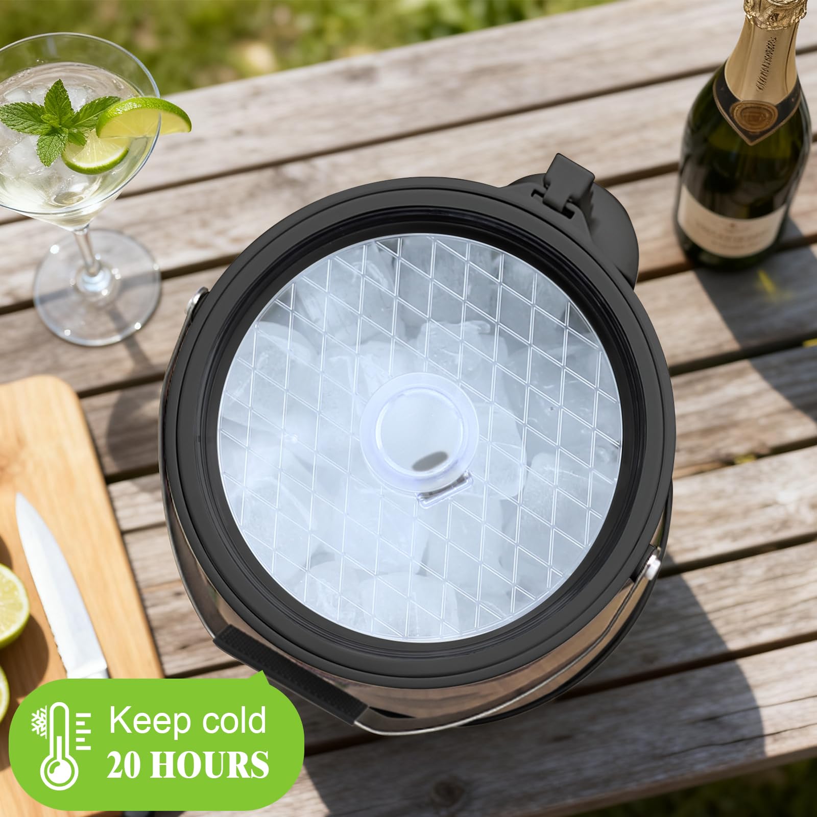 Grande secchiello per il ghiaccio in acciaio inox da 4,8 l, con coperchio in silicone, paletta e colino, ben fatto, isolato sottovuoto, a doppia parete, per cocktail bar, feste (nero)
