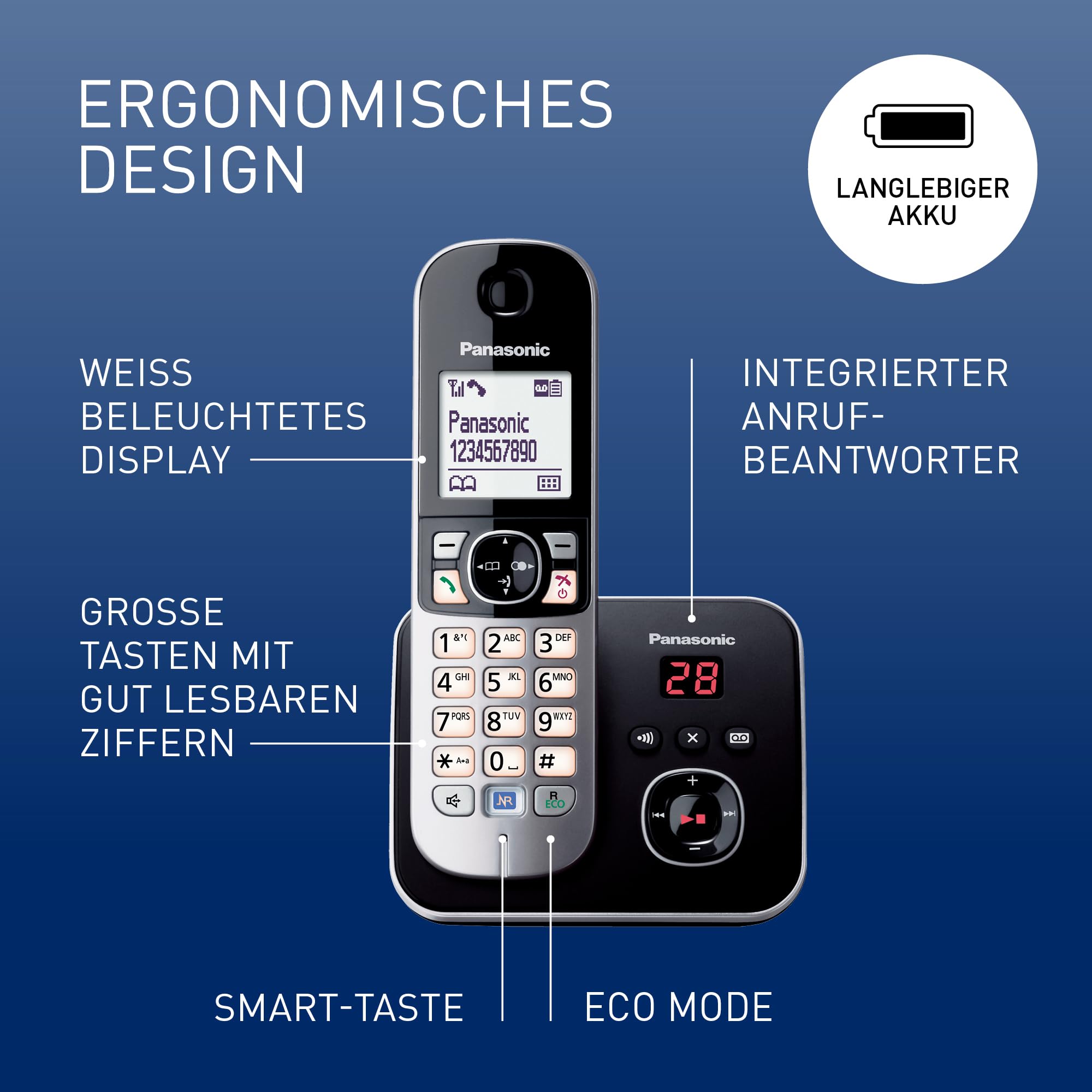 Panasonic KX-TG6821GB DECT Schnurlostelefon mit Anrufbeantworter schwarz