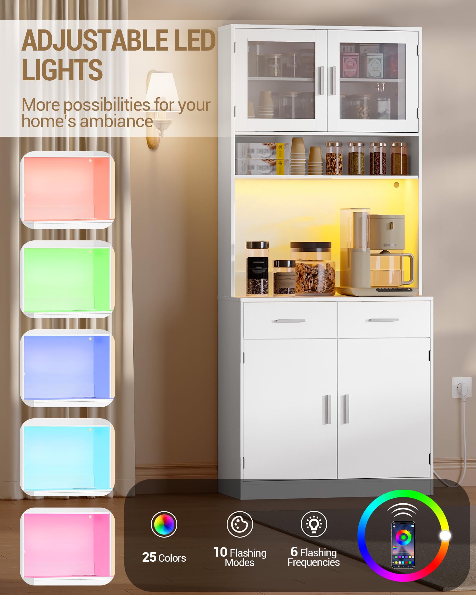 Hzuaneri Buffet, Meuble Cuisine Haut à 2 tiroirs, Meuble de Rangement avec multiprise et éclairage LED, 2 Portes vitrées, Cuisine, Salon, 40 x 80 x 190 cm, Blanc, PT10203XEU