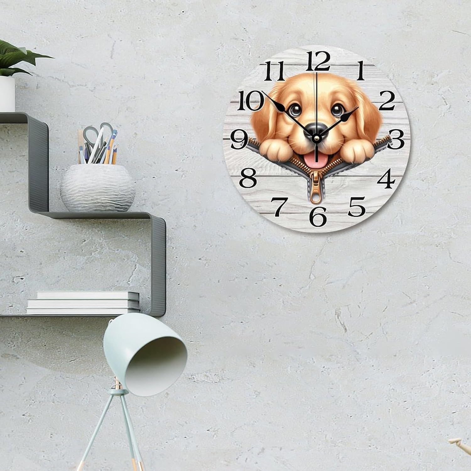 Labrador Retriever Funny Zipper Peeking Dog Farmhouse Vintage Round Wooden Wall Clock 12in Silent Non-Ticking Battery Operated Wood Clock for Living Room Office Home Decor Housewarming Gift