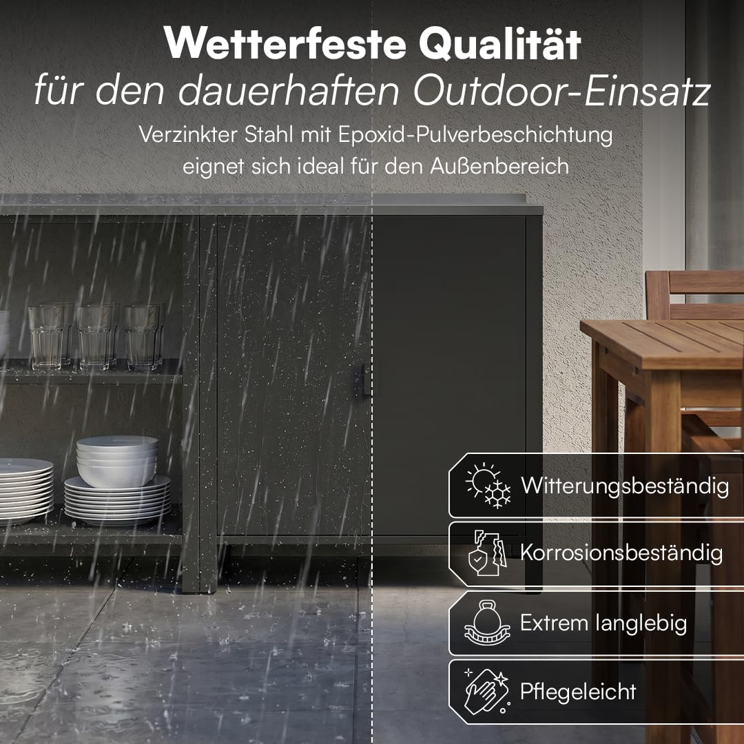 STEELSØN Zephios Gartenschrank 94,5x80x50 cm – Outdoor Küchenschrank mit Edelstahl Arbeitsplatte & 2 Fächern – stabile Kommode aus Metall – Terrassenschrank wetterfest Terrasse/Grillstation, schwarz
