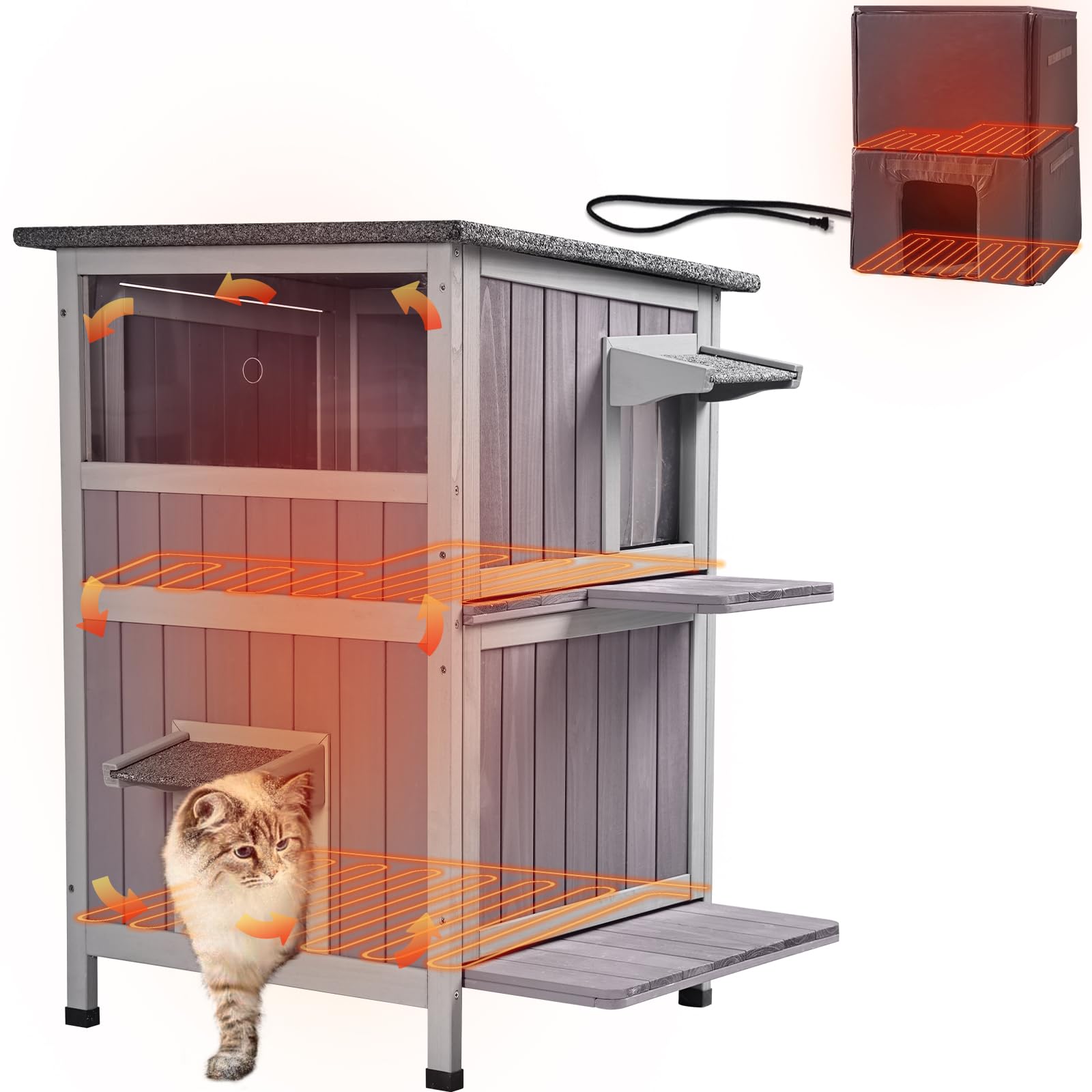 GUTINNEEN Heated Outdoor Cat House Insulated Weatherproof Outside Feral Cat Shelter for Winter with Heater and Insulated Liner Two Story, 28" L x 23" D x 34.4" H