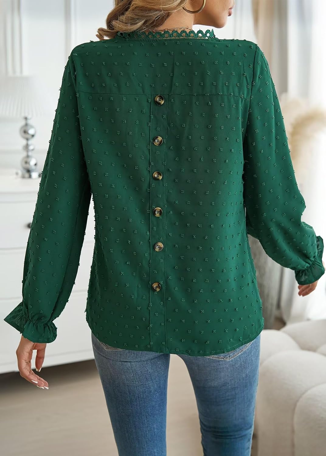 Womens Boho Tops Long Sleeve Shirts For Women Cute Crewneck Blouse Dressy Casual Swiss Dot Crochet Hollow Top 2026 - Image 3