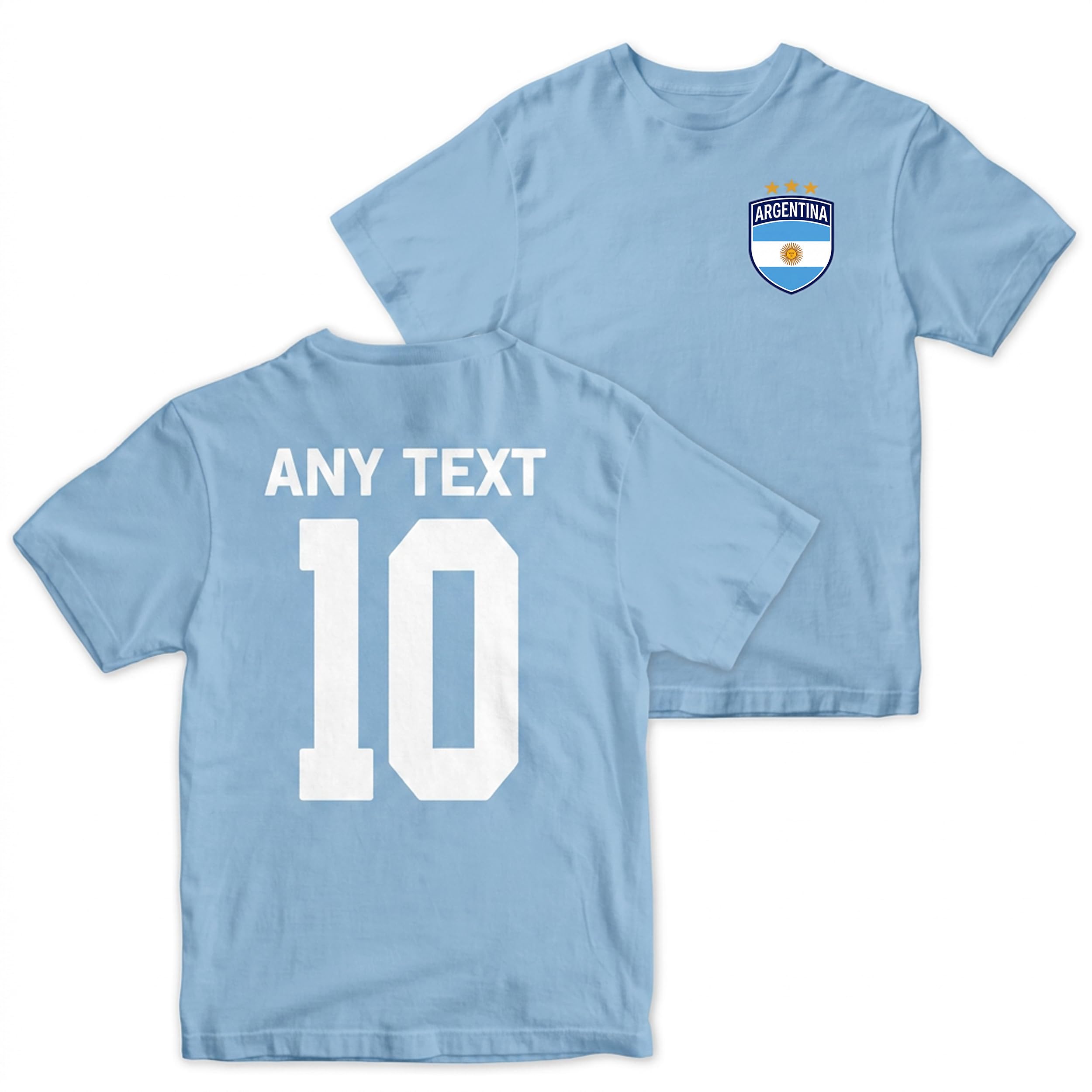 Purple Print House Personalised Argentina 2026 Kids T Shirt - Football Badge Name Number Top - Argentinian Fan Gift Boys Girls, 5-6 Years, Sky Blue