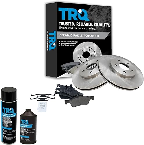 TRQ Kit de pastillas de freno delantero y rotor, kit químico de freno, pastillas de freno de cerámica compatible con Ford Escape Mazda Tribute