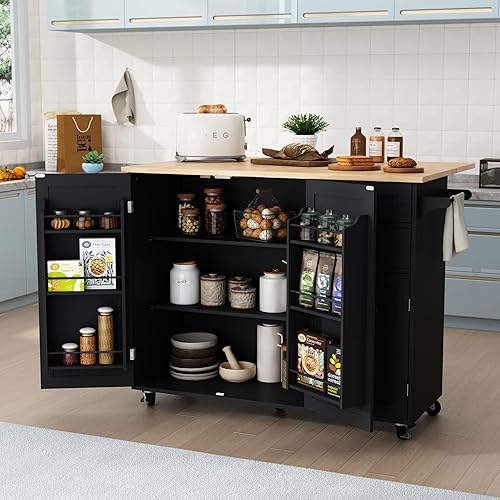 HLR Kitchen Island with Storage, Black Rolling Kitchen Island on