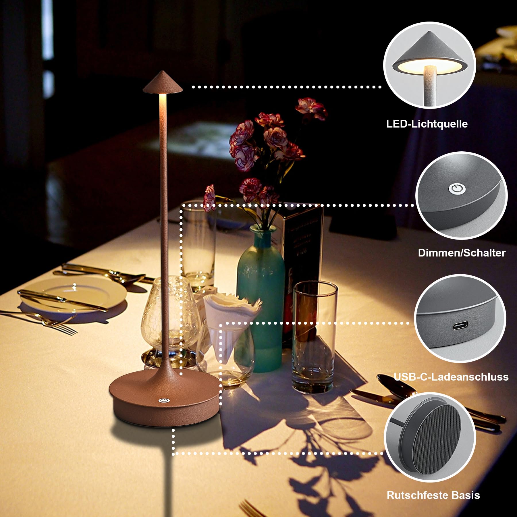 Leomix Kabellos LED Tischleuchte Kabellose Akku Tischlampe Aufladbar 4000mAh Tischlampe Touch Dimmbar Outdoor Tischlampe IP54 Wasserdicht für Restaurant/Bar/Garten/Balkon/Esstisch