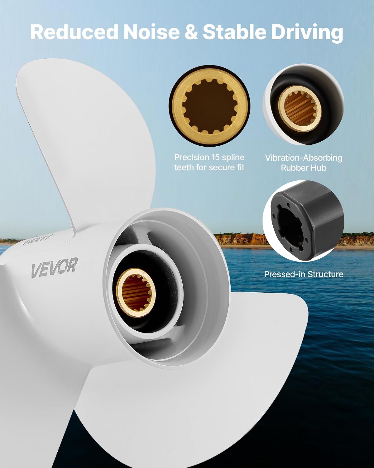 VEVOR Outboard Propeller, Upgrade OEM 15 Spline Tooth Aluminum Outboard Boat Propeller Fit Yamaha Engines 50-130 HP, 4-1/4" Gearcase, 3-Blade, RH (Right Hand Rotation)