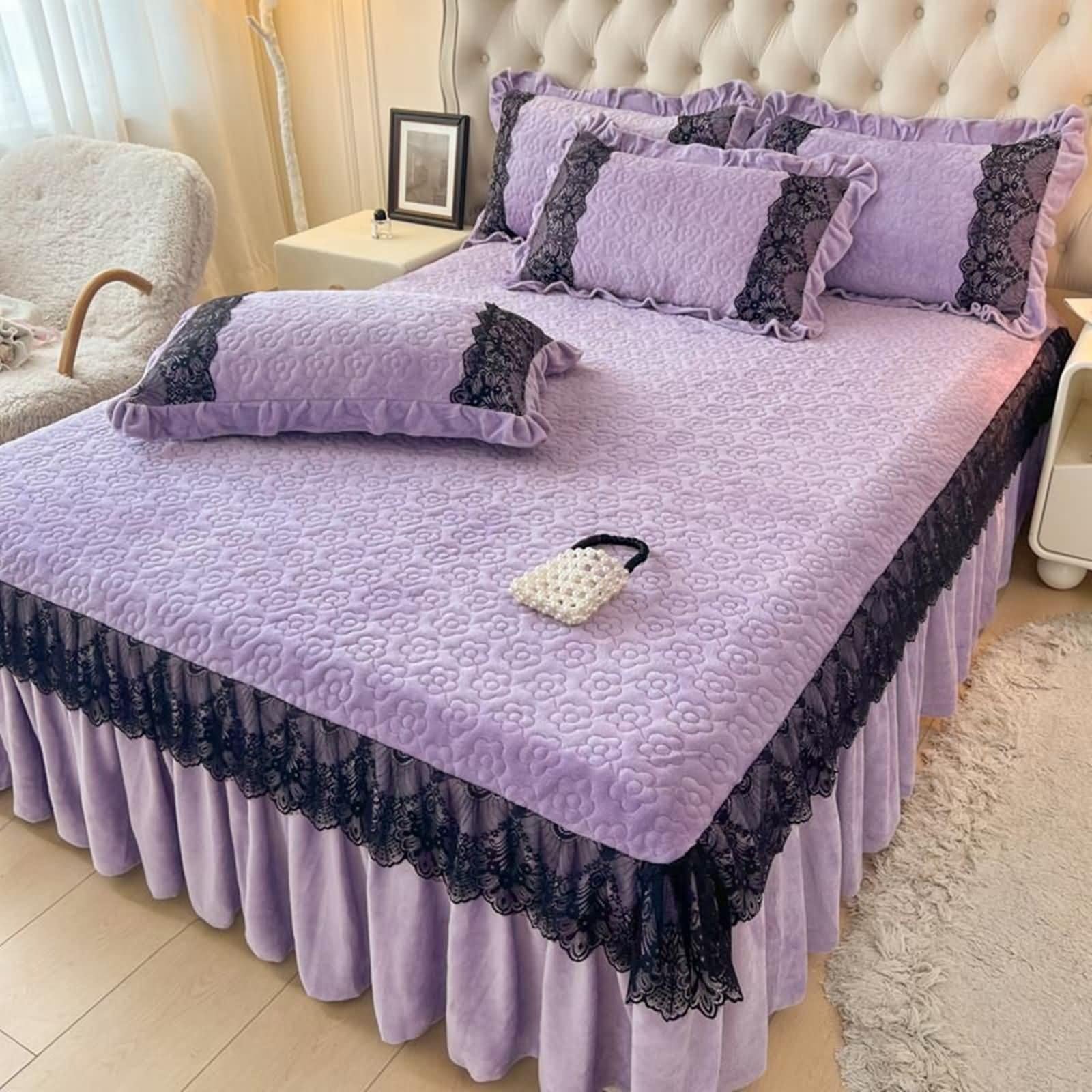 Couvre-lit violet en velours 180x220 cm avec 2 taies d'oreiller brodées