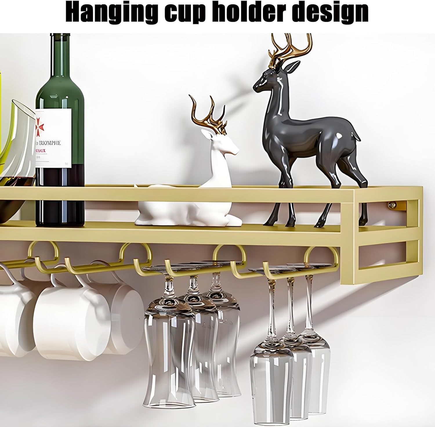 YVYKFZD Wall Mounted Wine Rack, Floating Metal Bar Shelves, Industrial Liquor Bottle Display Shelf with Wine Glass Holder, Large Storage Wine Holder, Space Saving(Gold,60cm/23.6")