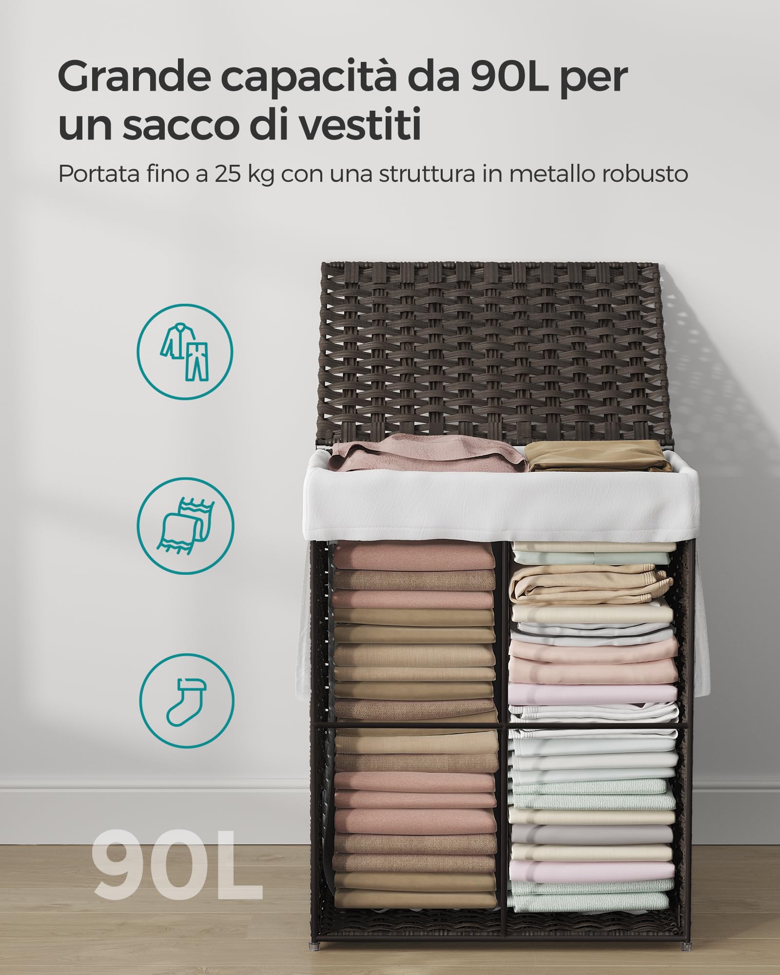 SONGMICS Cestino Portaoggetti, Cesta Portabiancheria da 90L con Coperchio, Pieghevole, Sacco in Tessuto Rimovibile con Manici, Soggiorno Camera da letto Lavanderia, Marrone LCB051K02