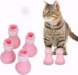 4PCS Anti Scratch Cat Shoes Silicone Pet Grooming Scratching Adjustable Cat Paw Protector Shoes for Home Bathing Shaving(Pink)