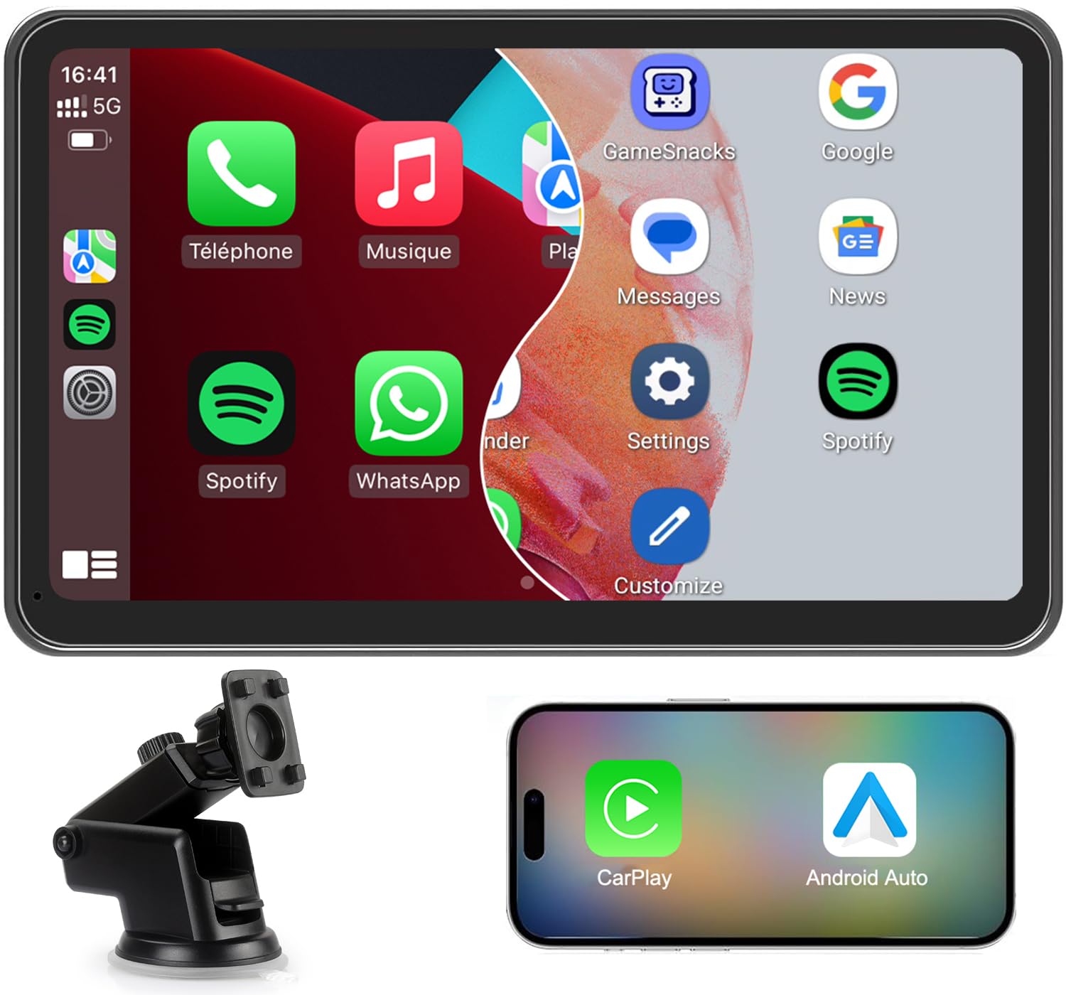 CarPlay Voiture, 7 Pouces Portable Autoradio avec Android Auto sans Fil | Stéréo de Voiture avec Écran Tactile, GPS Navigation, Assistant Vocal, Bluetooth Appels avec Mains Libres, MirrorLink, FM/AUX