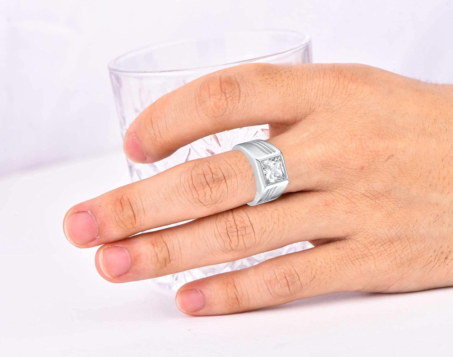 YL Men's Wedding Band Ring 925 Sterling Silver with 8X8mm AAA Cubic Zirconia Engagement Ring Anniversary Jewelry