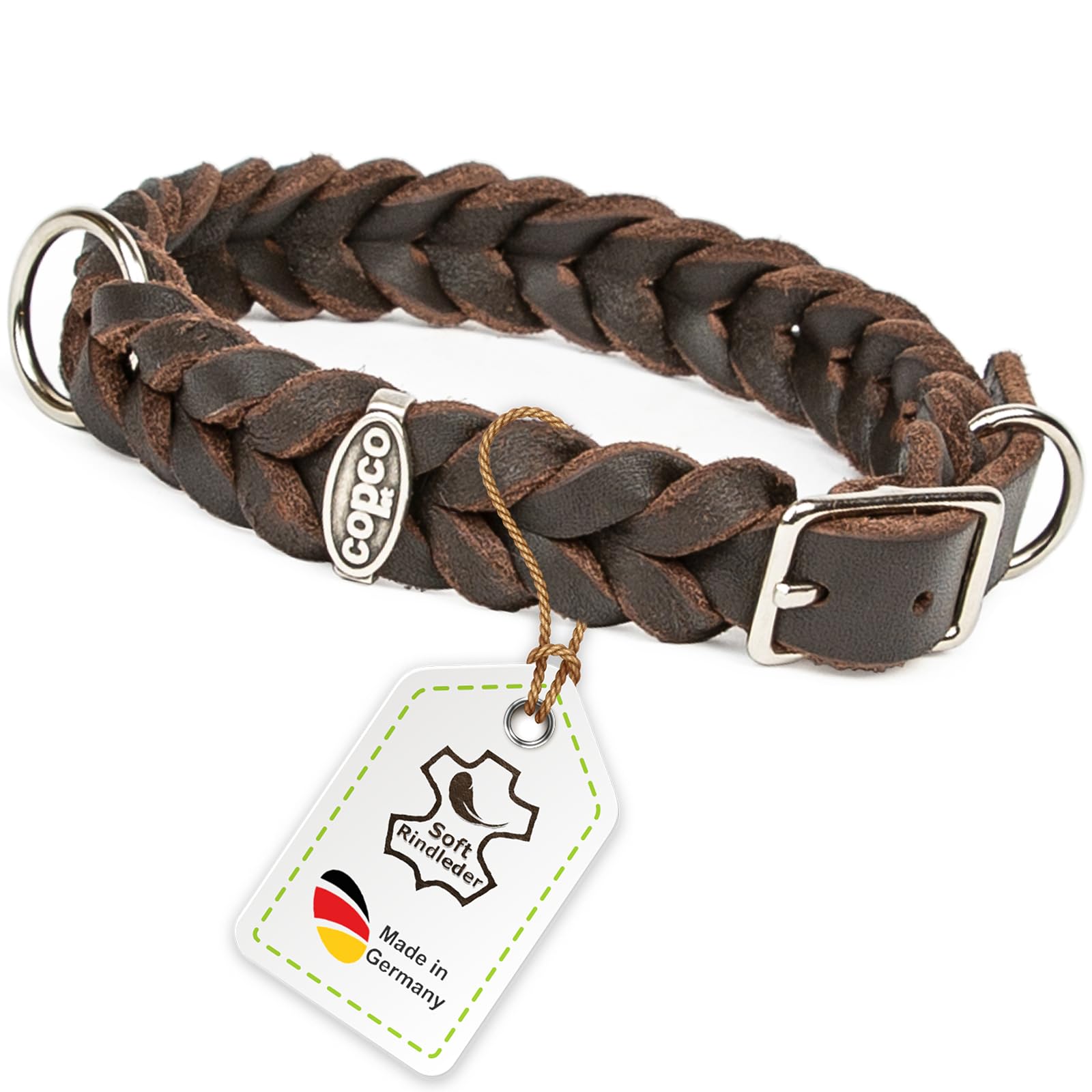 CopcoPet Hundehalsband aus Fettleder 25–29 cm x 15mm Braun – Geflochtenes Lederhalsband – verchromt mit Dornschließe – Robust & verstellbar – Für kleine Hunde, ideal für Alltag & Training