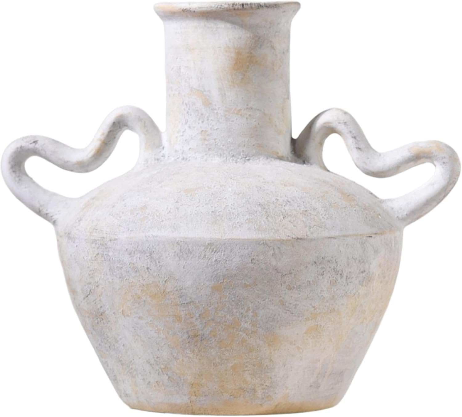 7.5 in Rustic Ceramic Farmhouse Vase with 2 Handles,Glazed Beige and Yellow Vintage Pottery Jar with Black Distressed Eroded Texture Finish,Boho for Home Decor,Tabletop,Mantel,or Living Room