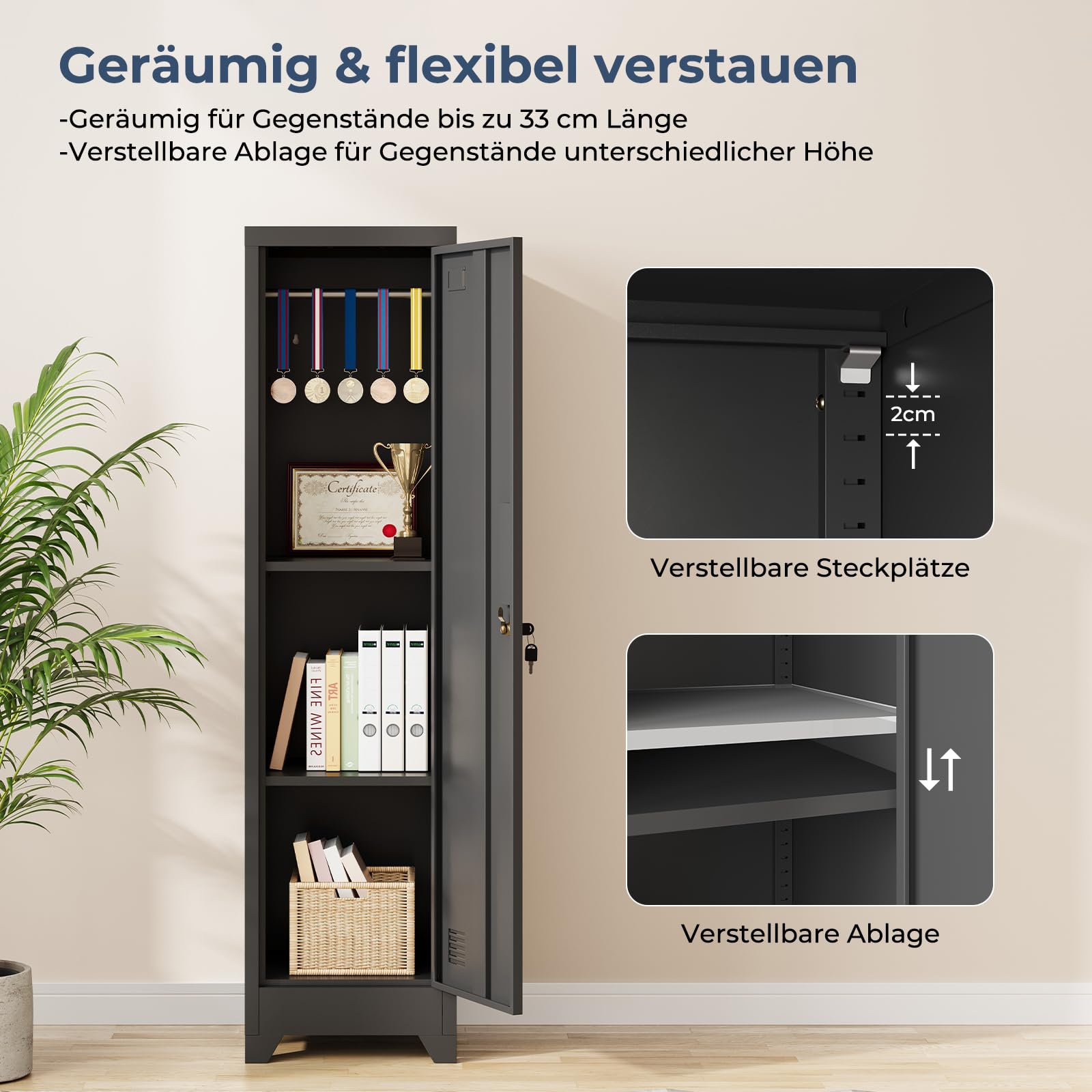 Dripex Metallschrank mit Hängestange, Stahlschrank Aktenschrank abschließbar Aufbewahrungsschrank Mehrzweckschrank Stahlspind für Schule Haus Büro Garag, Schwarz, 150 x 38 x 38 cm