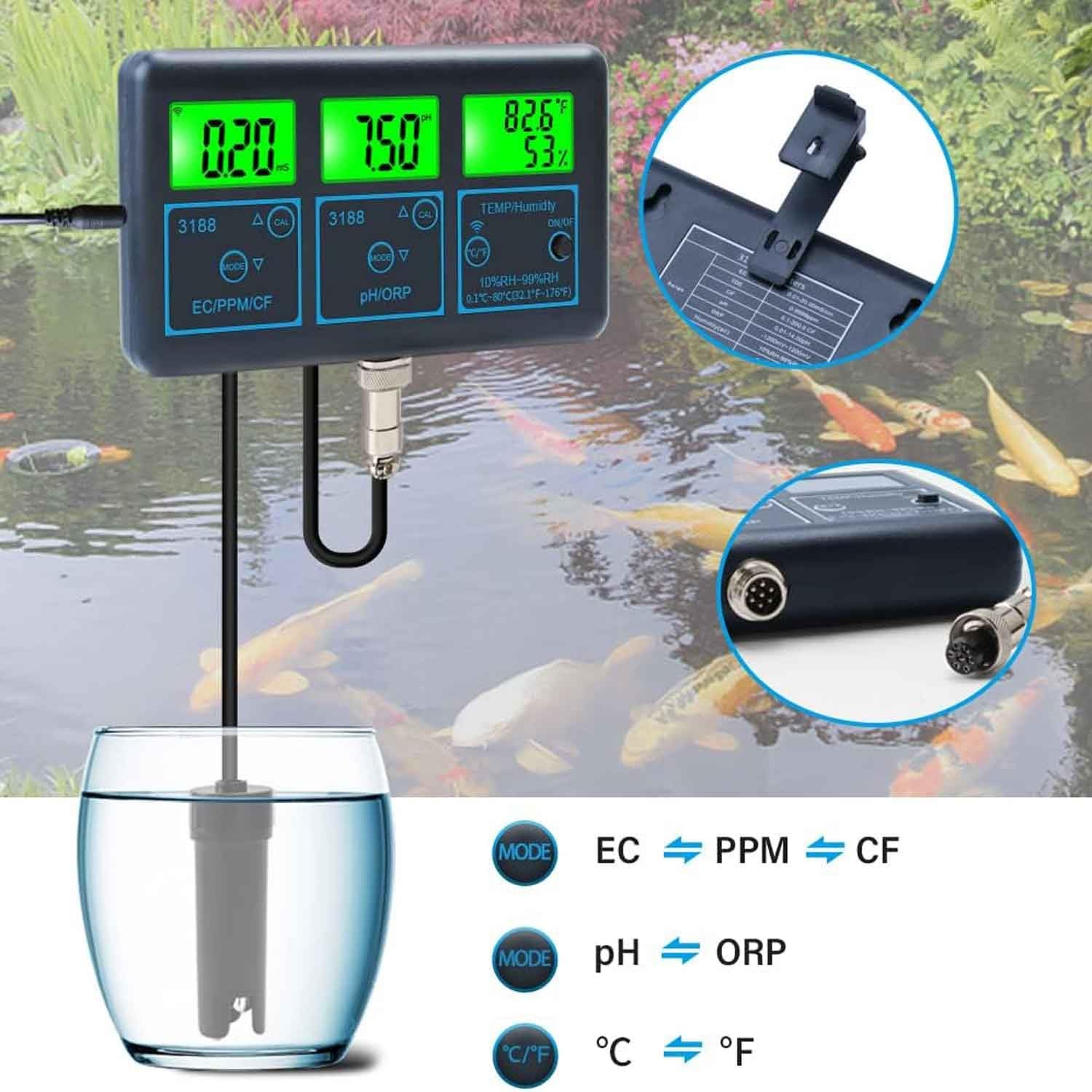 Detektor jakości wody, tester jakości wody, inteligentny zdalny miernik 7 w 1 PH, monitor PH EC TDS SALT SG Temp ORP CF, do basenów, hydroponiki, wody pitnej, akwariów
