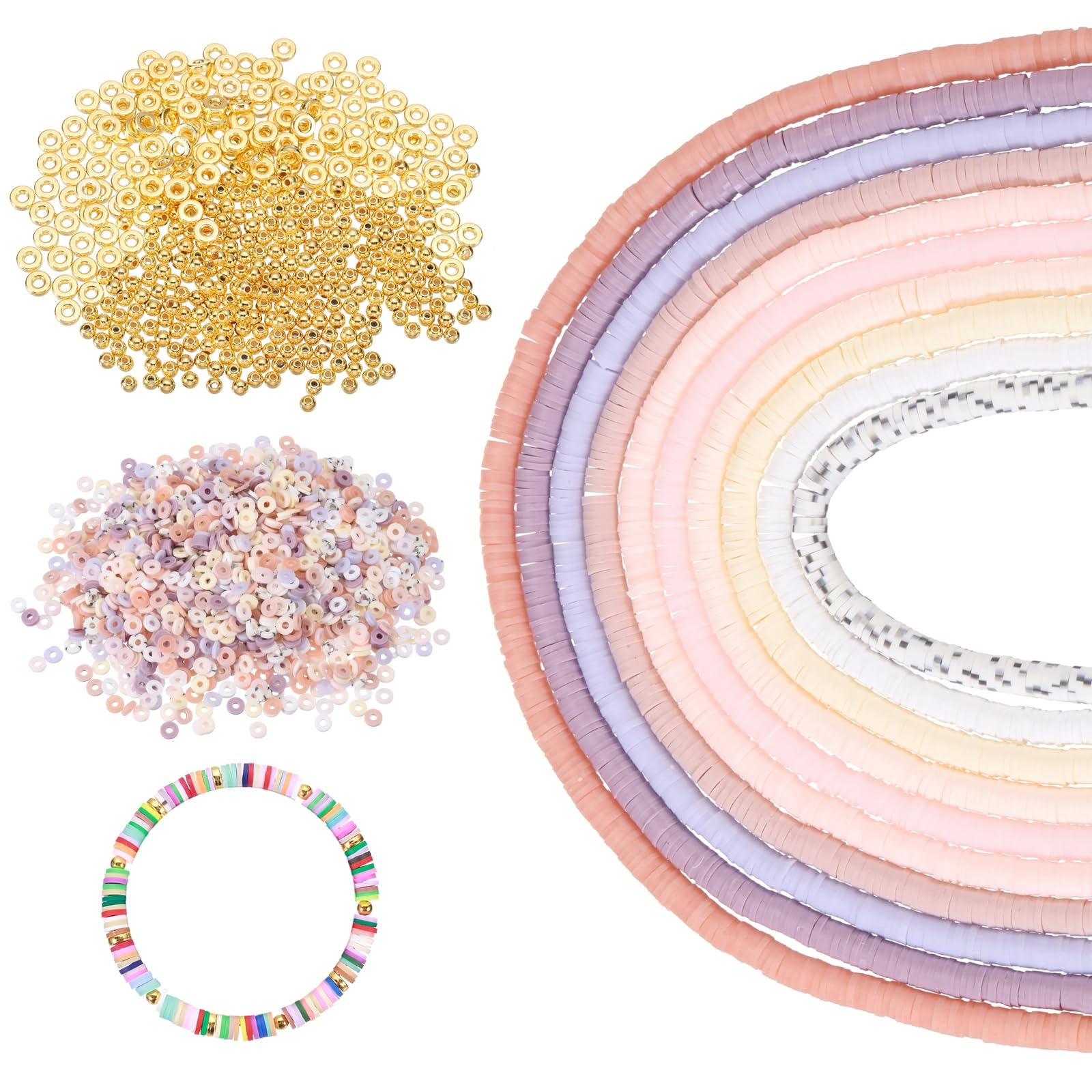 sourcing map 4900 PCS 10 Strands Polymer Clay Beads Bracelet Making Kit for Jewelry Making, with Flat & Round Heishi Gold Spacers Beads for DIY Bracelets Necklace Jewelry, 6mm Morandi Colors