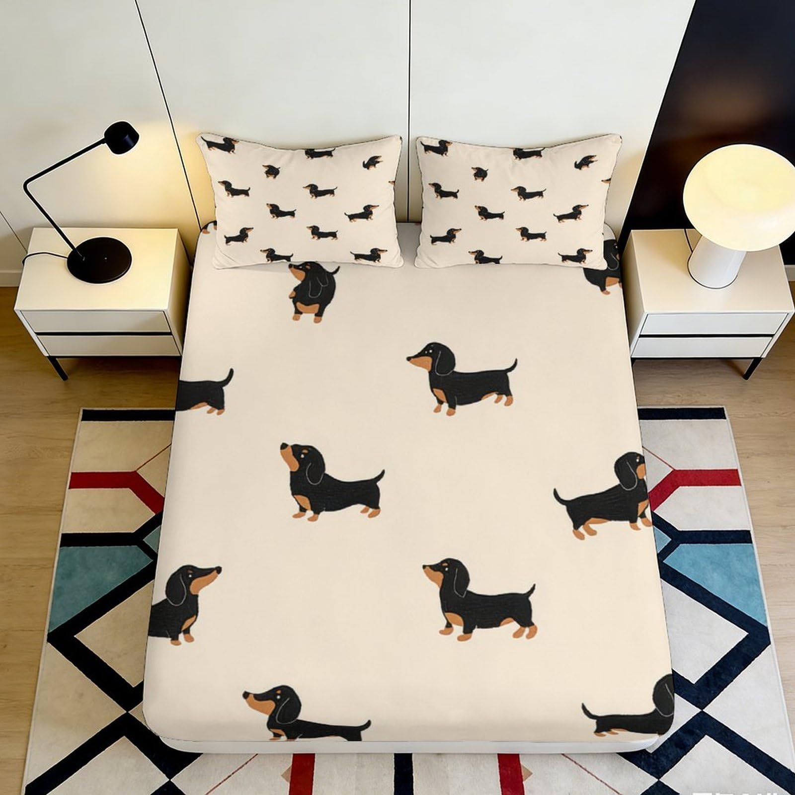 3D Printed Dachshund Dog Fitted Sheet Microfiber Soft Beige Cartoon Mattress Cover for Bedroom Guest Room Decor 90x200x25cm