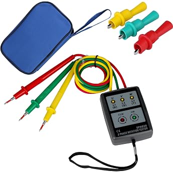 Phase Tester Rotary Field Meter Digital Phase Display Sequence Tester 3 Phase Sequence Presence Rotation Tester with Crocodile Clips and Buzzer Tester Voltage Tester AC60V600V for High Voltage Devices