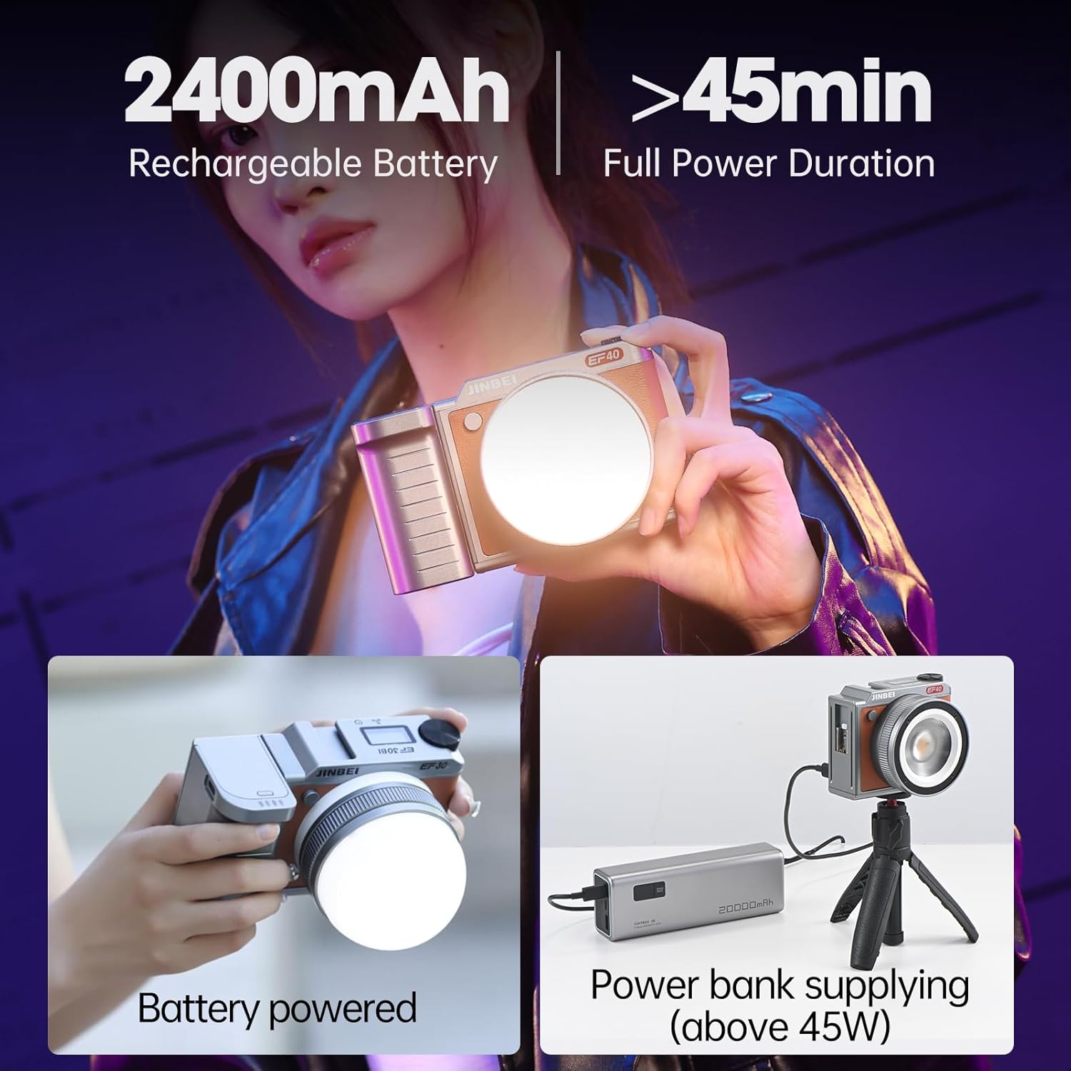 JINBEI 40W Portable LED Video Light with 2400mAh Li-ion Battery Adjustable Lens App Control Ra>96+ Bi-Temperature COB Continuous Output Lighting 2700K-6500K for Video Recording Streaming EF40Bi