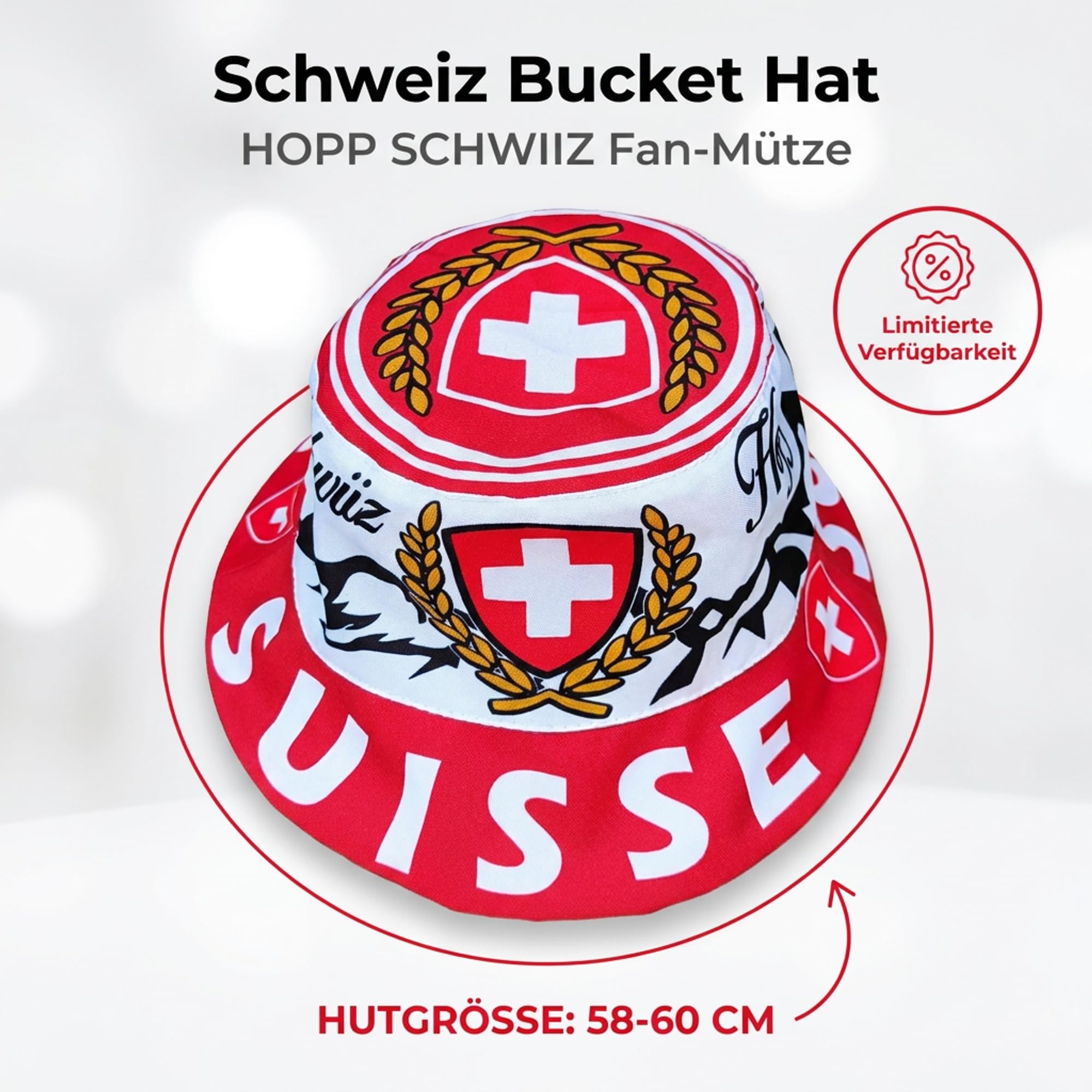 Generisch Suiza, Suisse, Schwiiz, sombrero para el sol, sombrero de pescador, sombrero militar, sombrero de cubo, azul, blanco, rojo, 59