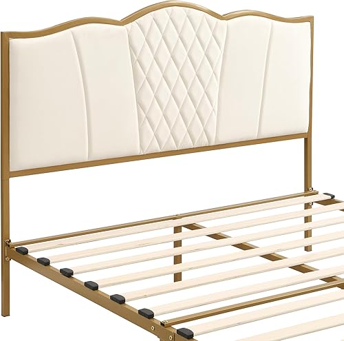 Miniatura 6 de Cama de plataforma tapizada tamaño Queen, marco de cama de metal moderno con soporte de listones de madera y cabecera copetuda para niños,