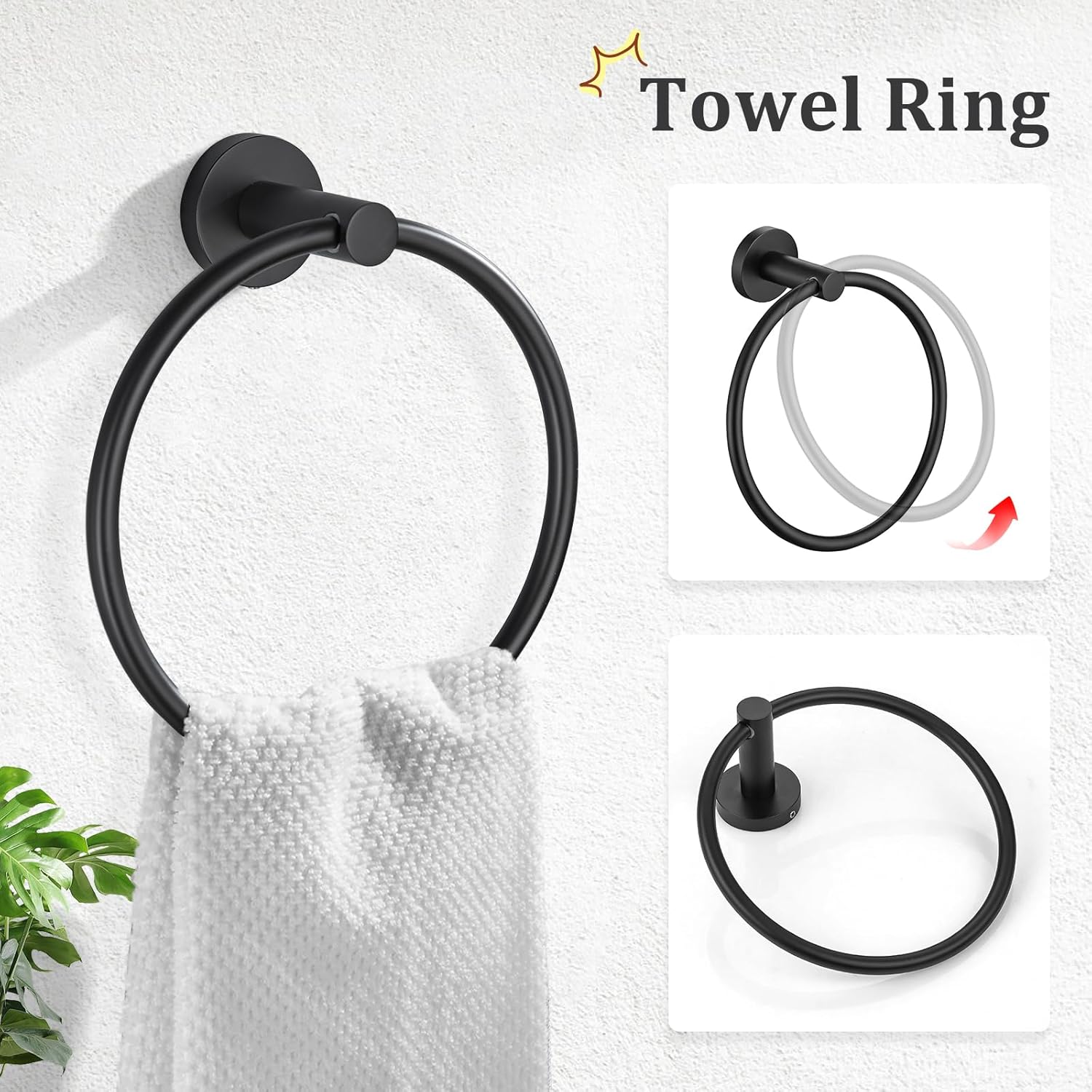 Matte Black Stainless Steel Wall Mounted Towel Ring Set