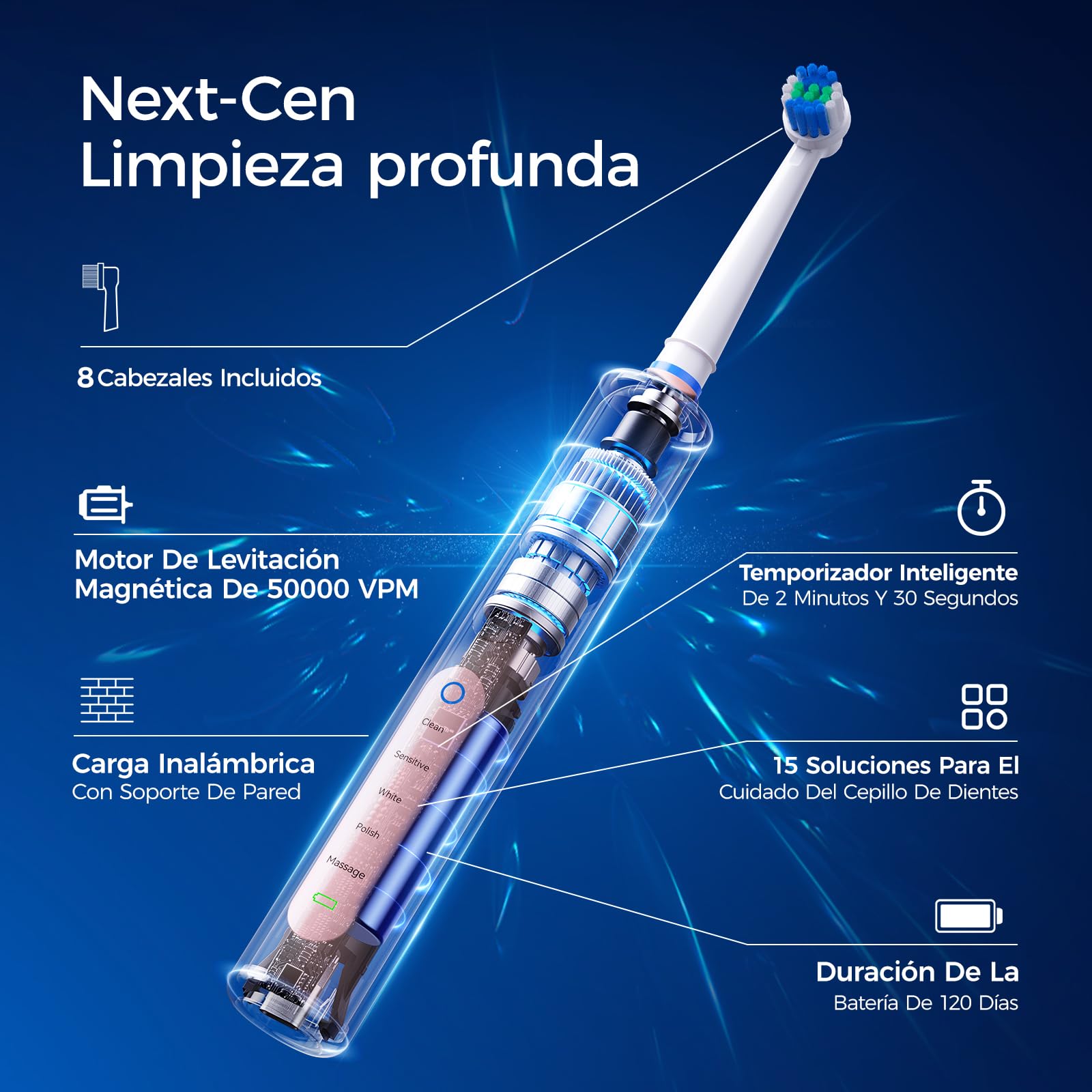 Cepillo de dientes eléctrico rotatorio con cabezal redondo, 3 intensidades y 5 modos, cepillo eléctrico con 8 cabezales, temporizador 2 minutos, IPX7, batería hasta 120 días, estuche de viaje