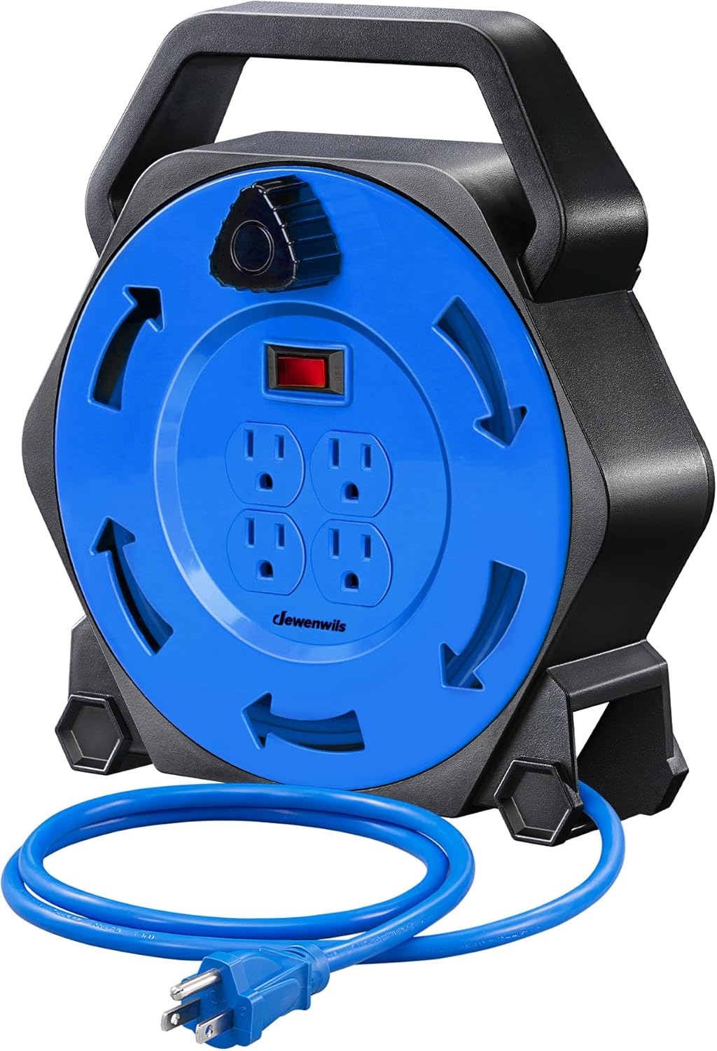 DEWENWILS Extension Cord Reel with 25 FT Power Cord, Hand Wind Retractable, 16/3 AWG SJTW, 4 Grounded Outlets, 13 Amp Circuit Breaker, Blue, Blue Cord, UL Listed Blue+blue Cord