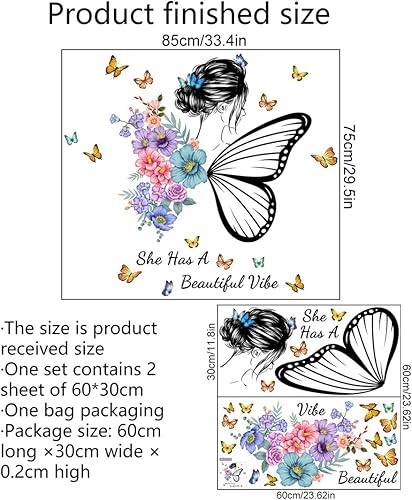 Miniatura 6 de Calcomanías de pared, diseño de mariposa y niña, calcomanías de citas y frases