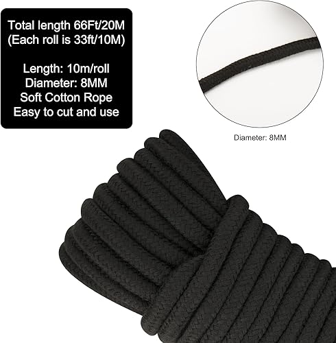 Miniatura 3 de 2 cuerdas de algodón suave, cuerda de algodón negro de 2.598 x 0.315 in de grosor, cuerda larga de amarre suave para colgar ropa, atar equipaje y