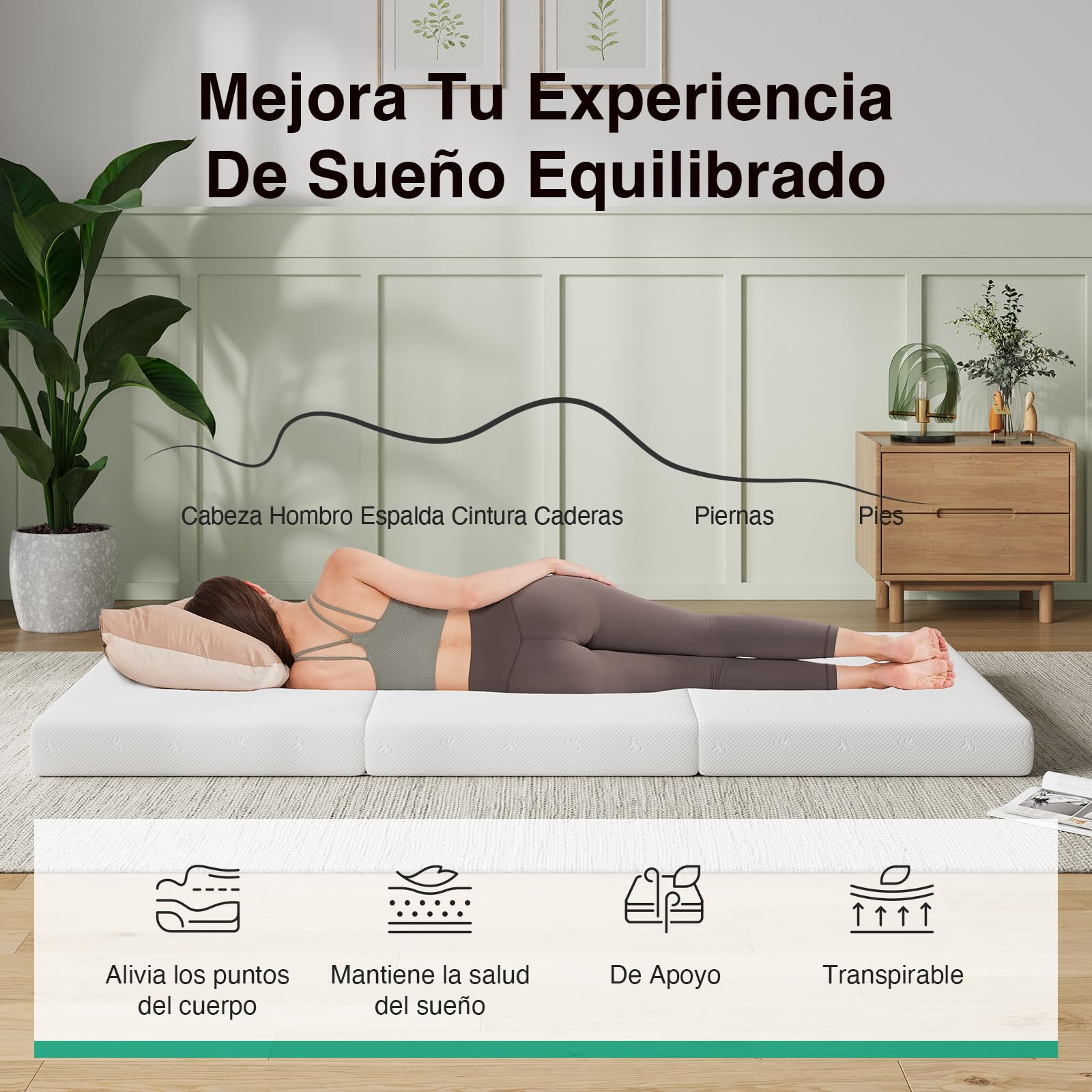 Novilla Colchón Plegable 10 cm, Cama Supletoria de 3 Piezas con Espuma Alta Densidad, Funda Lavable y Transpirable, Ideal para Invitados, Camping y Viajes (135x190 cm)