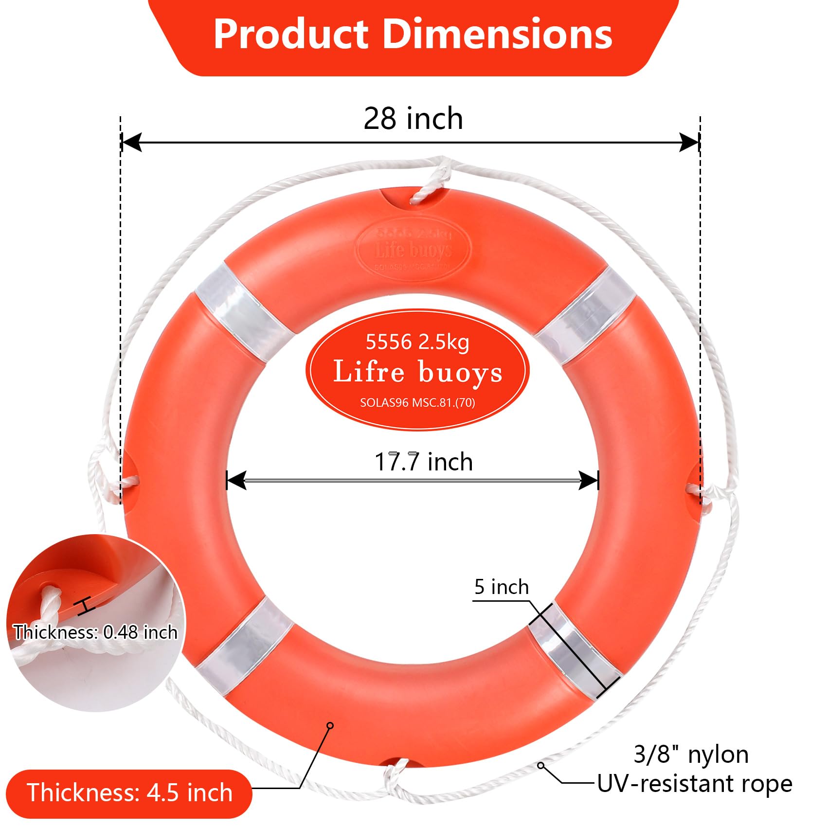 Life Preserver Ring 58,4 cm / 71,1 cm, Boot-Sicherheits-Wurfringe mit Halterung, orangefarbene Boje mit Seil, 2,5 m und reflektierendem Band für Boot