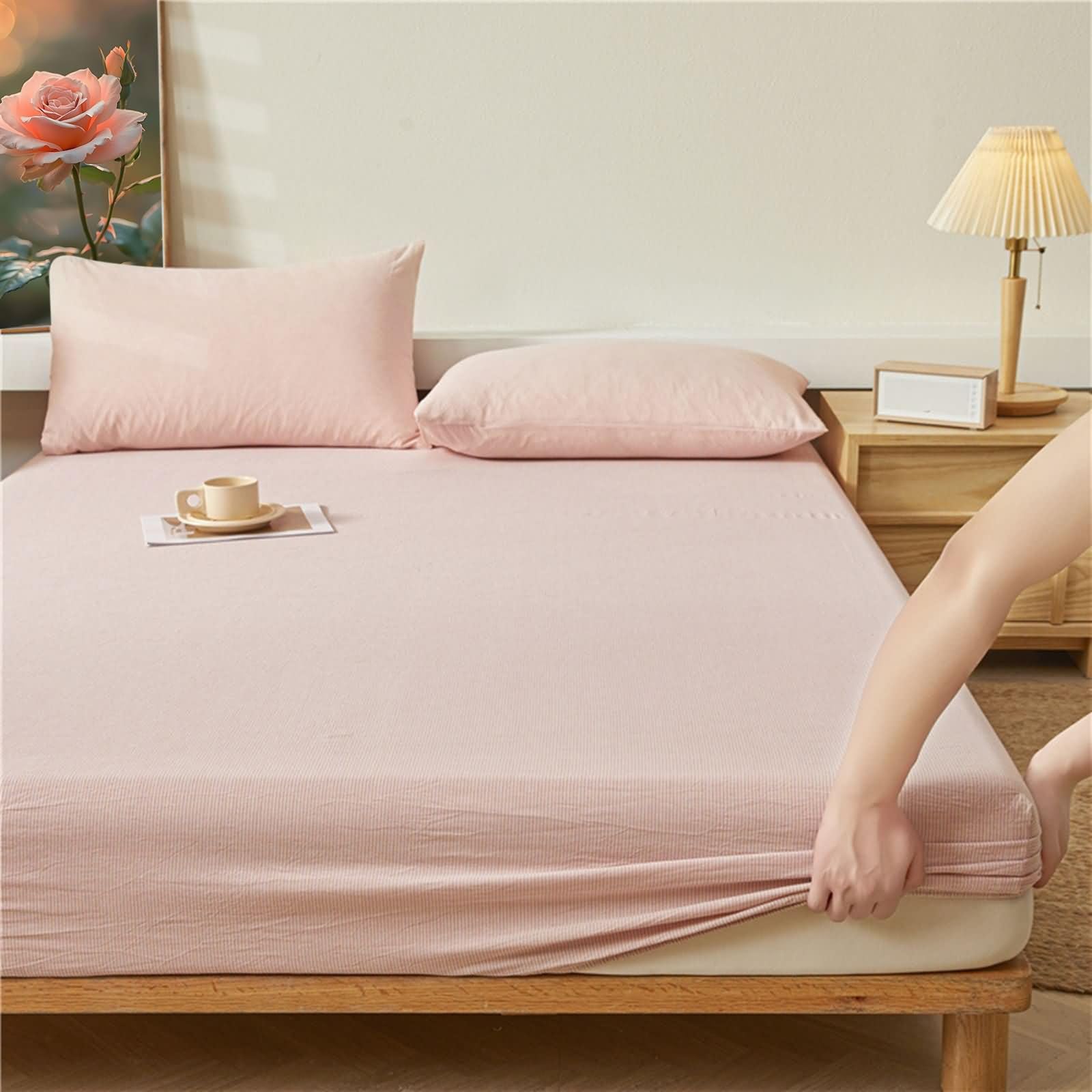 Rosa Spannbettlaken Verstaubar mit 2er Kissenbezüge, Streifen Muster Bettlaken mit Gummizug Baumwolle 3tlg, Textilien Tagesdecken Laken für Bett Unterbett für Matratze, 180x220cm