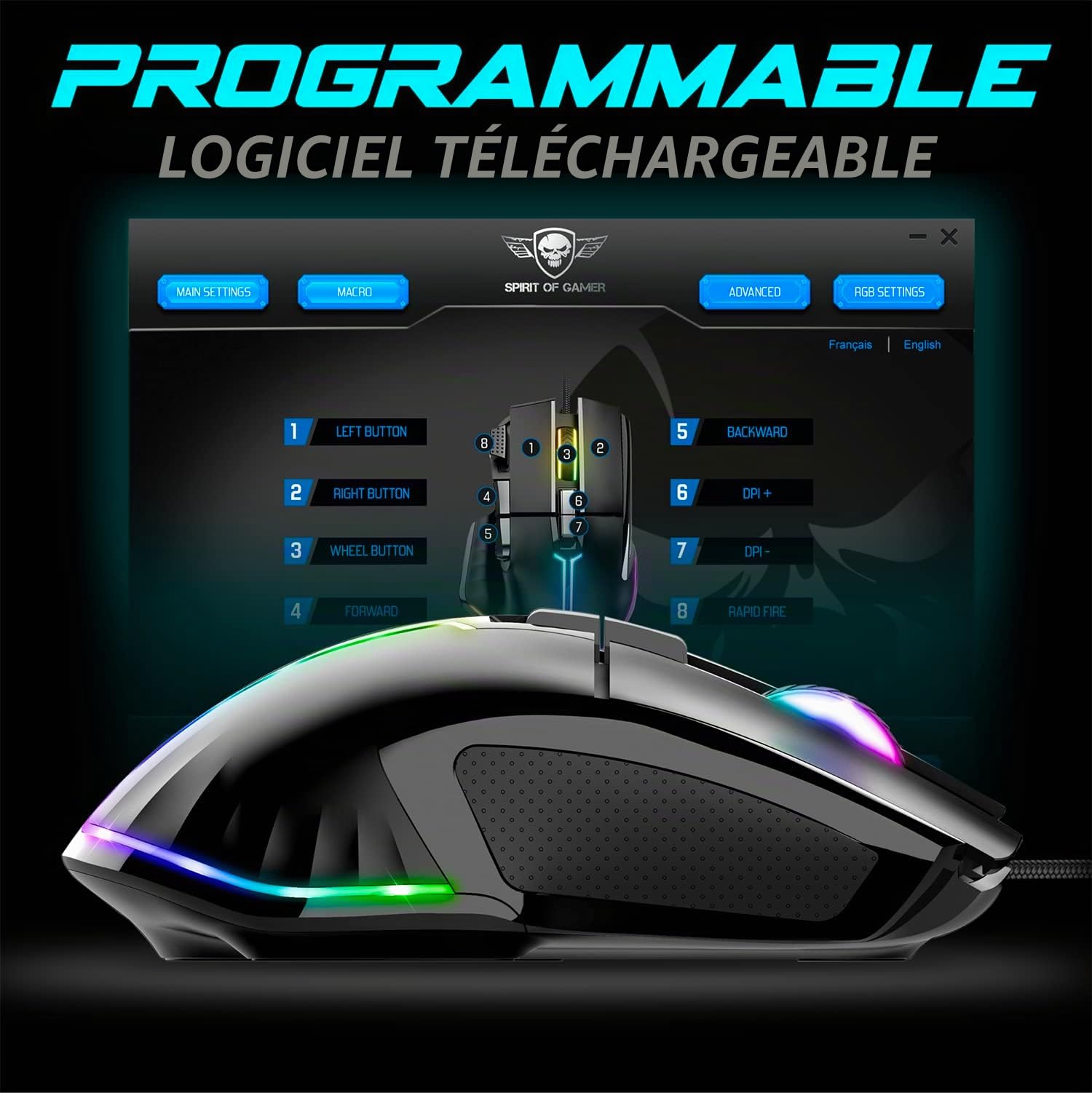 Spirit Of Gamer, Pack Enceinte + Souris Gamer Filaire RGB, Barre de Son Compacte 6W RMS avec Son stéréo 2.0, Souris Gamer Filaire pour PC 12800 DPI avec 8 Boutons Programmables Dont 1 Rapid Fire