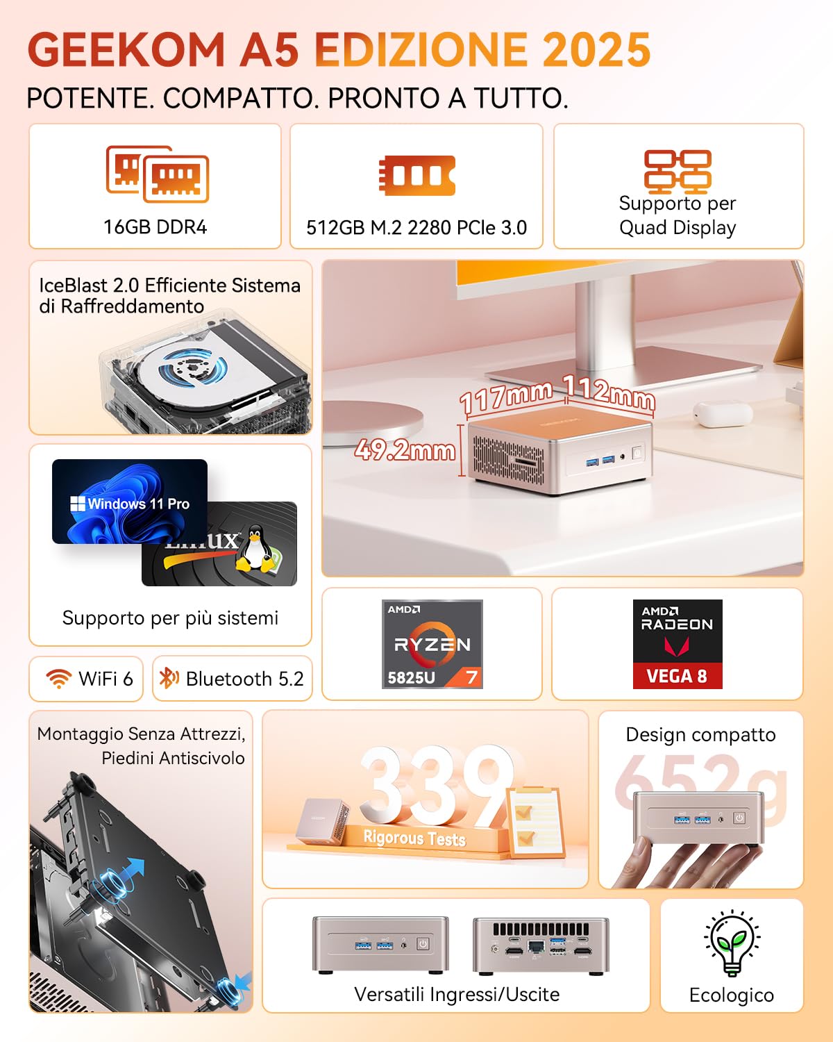 GEEKOM A5 Mini PC con AMD Ryzen 7 5825U,16GB DDR4(Memoria DDR Espandibile,Non LPDDR) e 512GB SSD|Pronto all'uso|LAN 2.5G|USB4.0|SD| Raffreddamento Ultra-Silenzioso,Garanzia 3 Anni