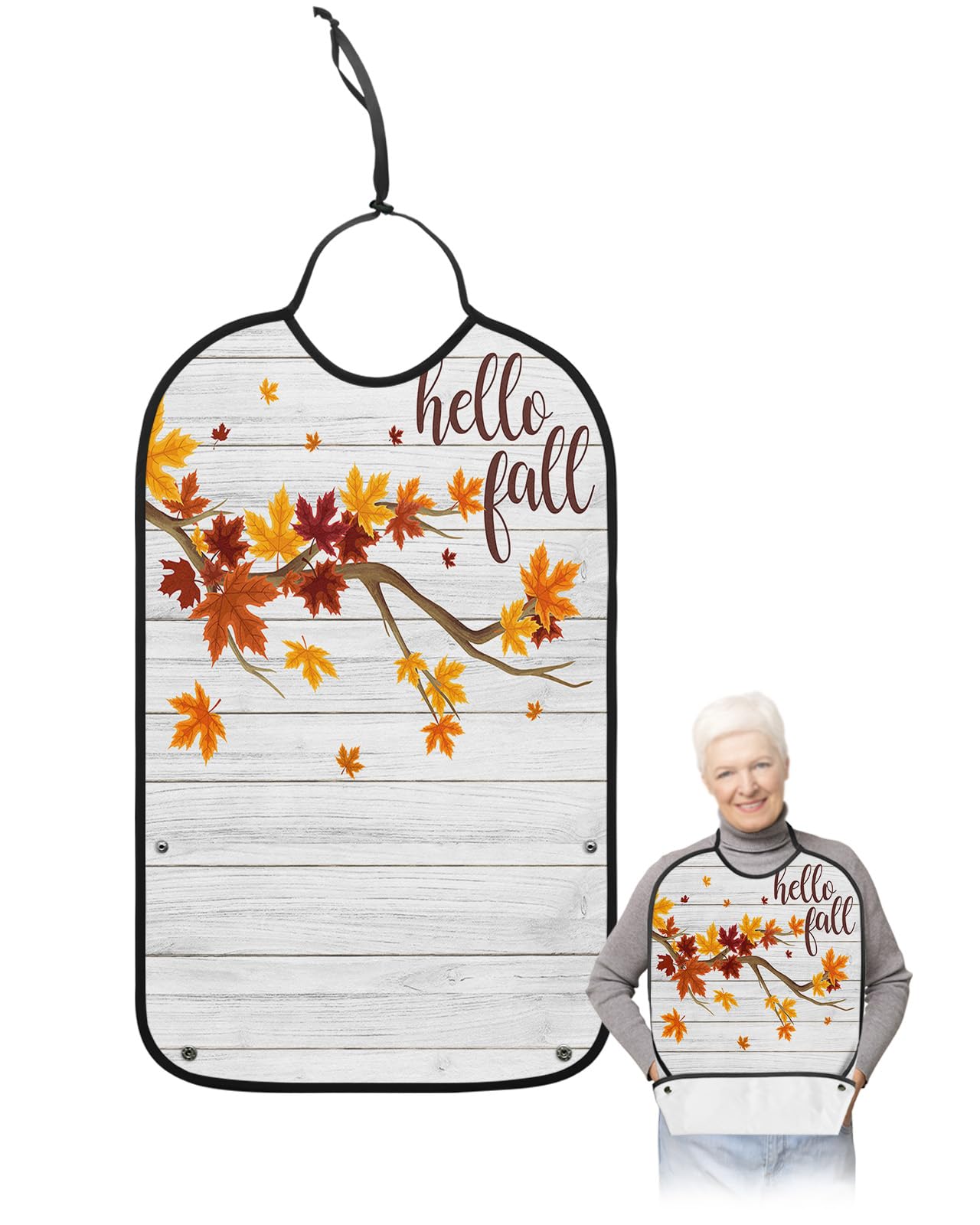 LEOKOTI Hello Fall Adult Bibs for Eating, Waterproof Bibs with Food Catcher & Adjustable Snap Closure, Fallen Leaves Farmhouse White Wood Washable Clothing Protectors Adult Bibs for Elderly Women/Men