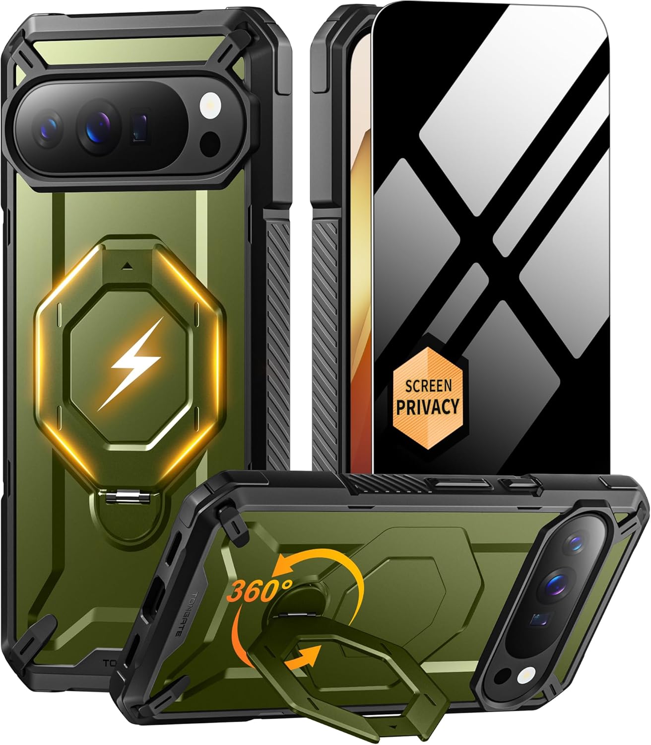 TONGATE for Pixel 10 Pro XL Case with 360° Spin Magnetic Stand, Compatible with MagSafe, Non-Slip Edge Rugged, Military Grade Protection for Google Pixel 10 Pro XL Case, Green Green Pixel 10 Pro XL