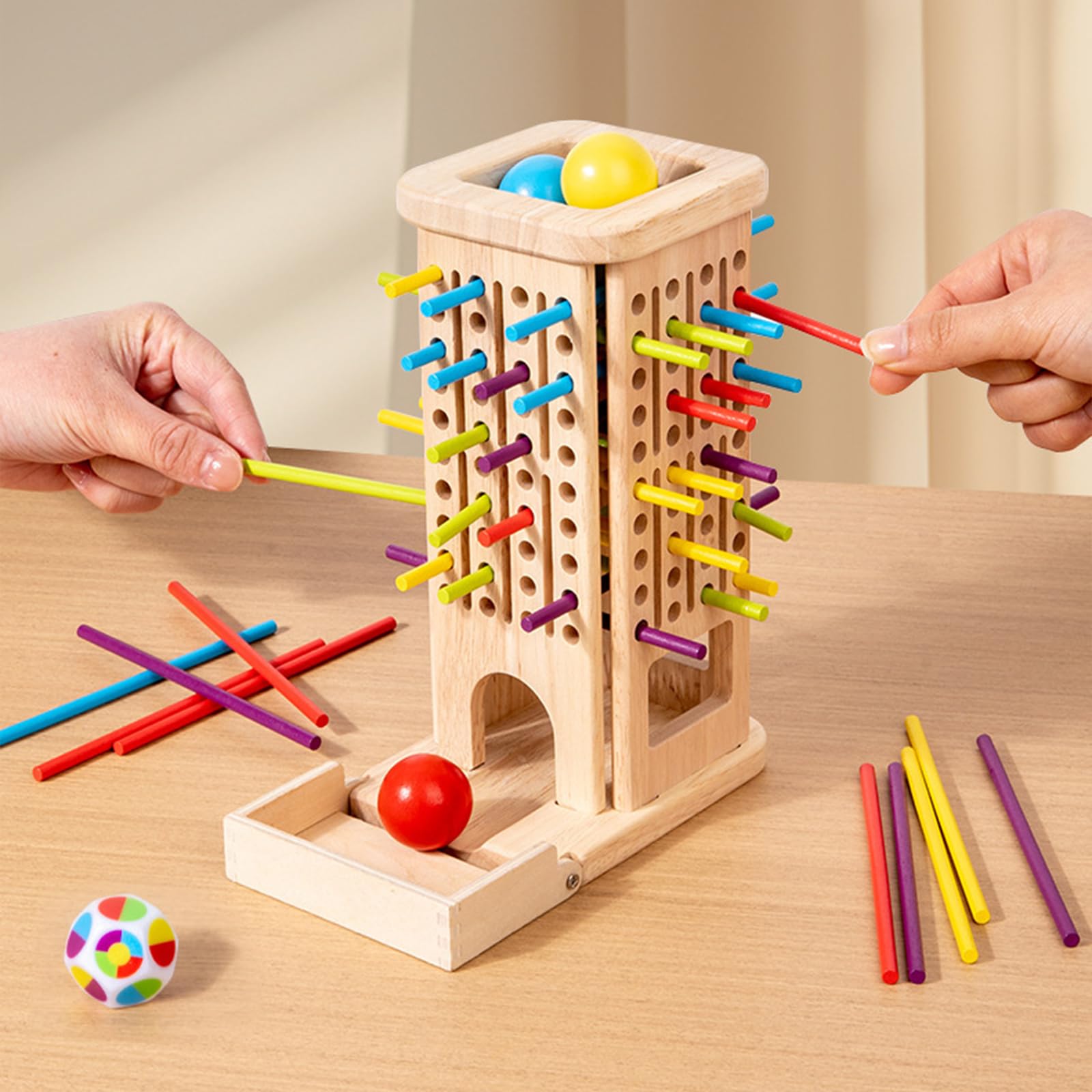 Guopai Wooden Montessori Stick Toy for Kids Colour Sorting Fine Motor Skills Game with 40 Sticks 6 Balls Dice & Tower - Image 2