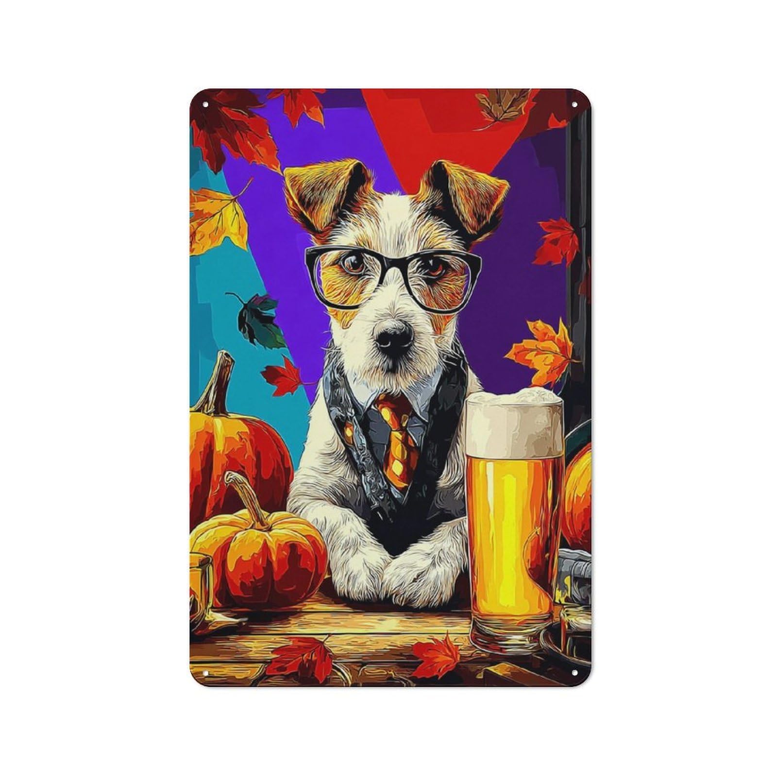 Junmoney Autumn Dog With Beer -2 Metal Sign 30X20cm, Vintage Bar Wall Plaque For Diner, Restaurant, Shed Or Kitchen