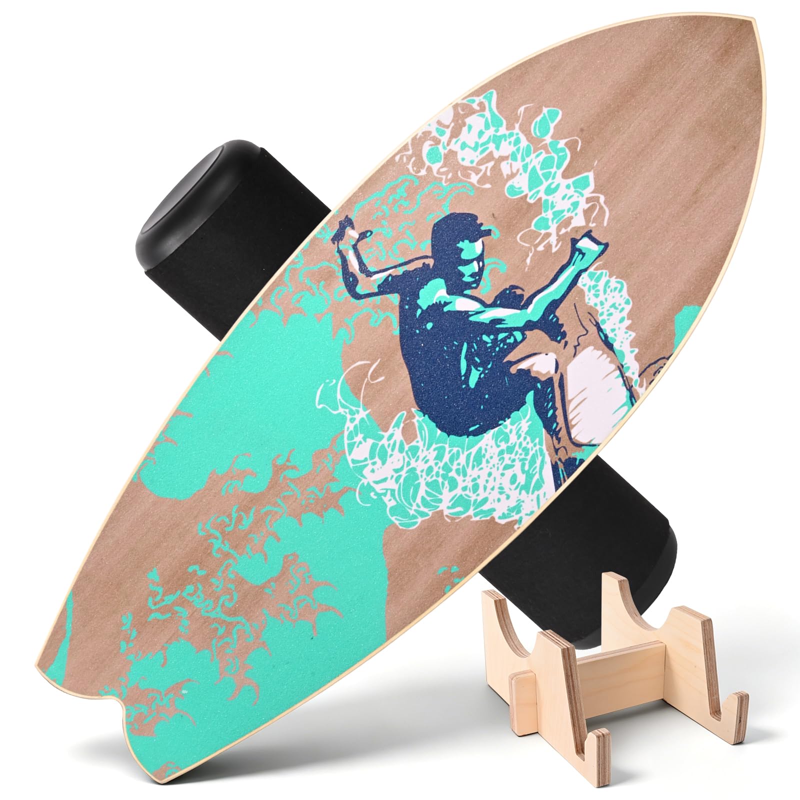 Balance Board 75x28cm 15mm Dickes, Tragfähigkeit 150Kg Holz Balanceboard Erwachsene Kinder mit Rolle & Stand, Core Training Gleichgewichtsboard für Surf, Skate, Yoga & Fitness