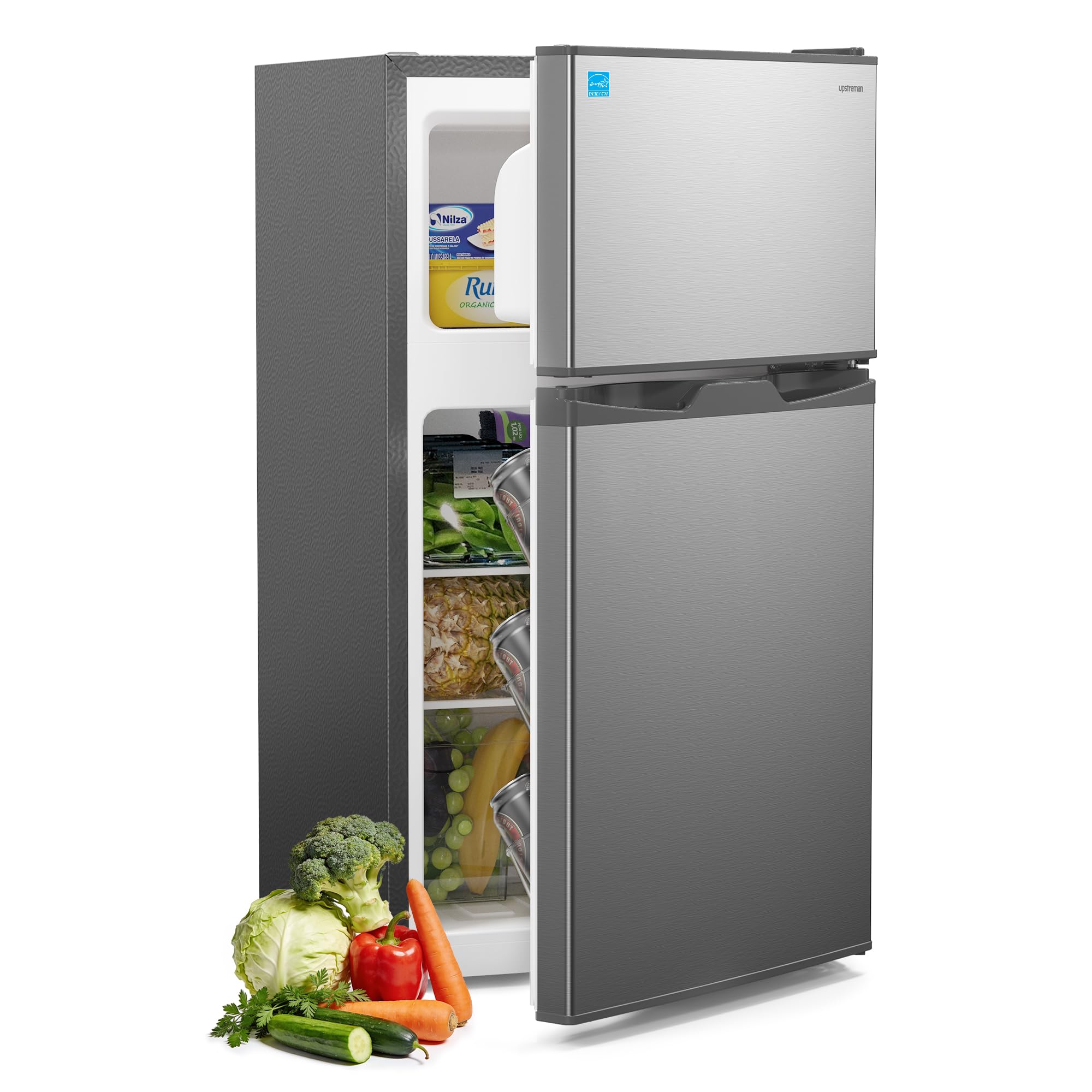 Upstreman 3.1 Cu.Ft Mini Fridge with Freezer, Double Door Small Refrigerator, Adjustable Thermostat, Energy Star Certified Low Noise Mini Refrigerator for Bedroom, Dorm, Apartment Silver-TM31