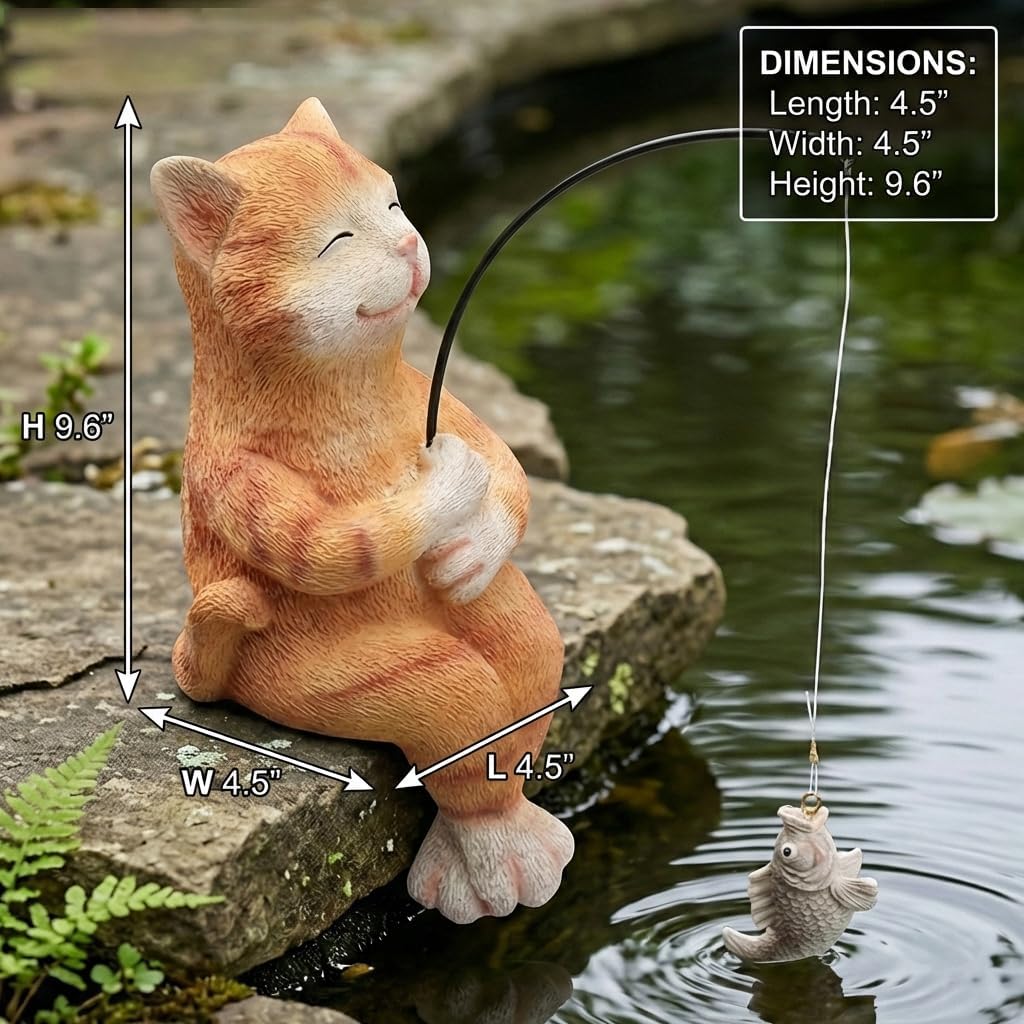 Elenon Fishing Cat Garden Statue, 9" Cat with Pole Decor for Koi Pond Waterfalls, Adorable Flower Bed Outdoor Yard Patio Art Decorative Sculptures Table Ornament