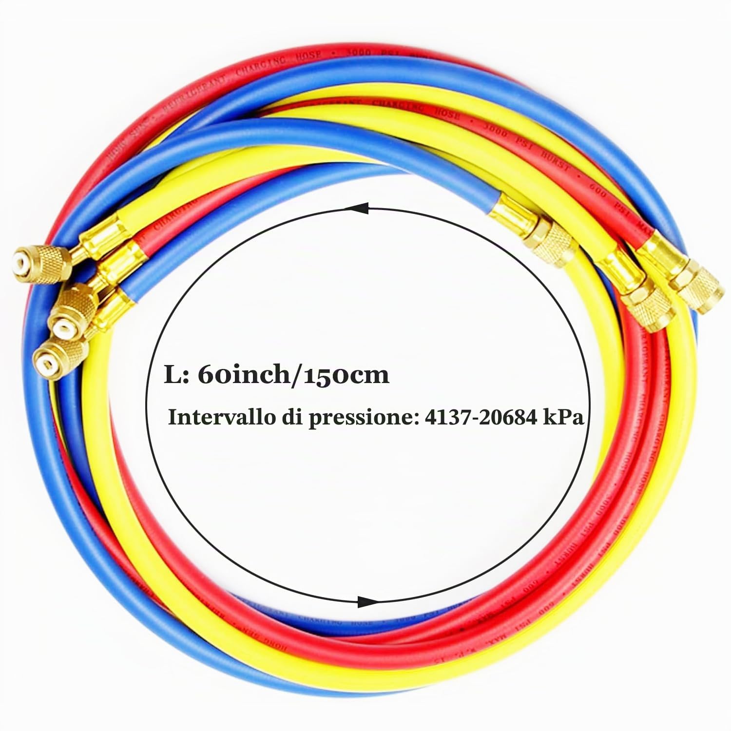 60inch/150cm Tubo di riempimento per refrigerante aria condizionata (600-3000Psi) per R134a R12 R2 R502, fluoruro AC tubo di riempimento 1/4" SAE filo di segnalazione (3 colori)